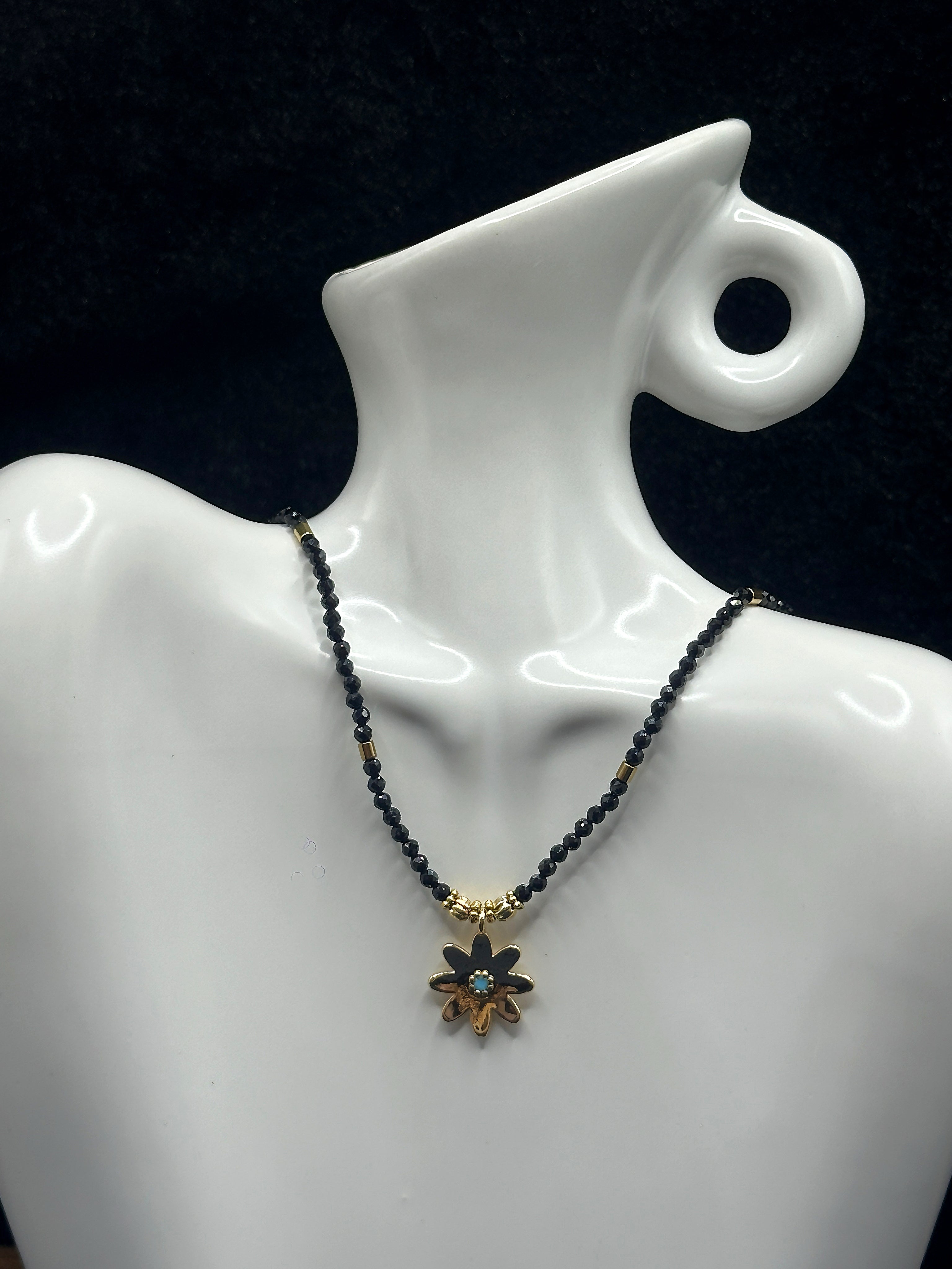 TT original-necklace-Black spinel beaded necklace with gold flowers | Bohemian style choker pendant | Stackable