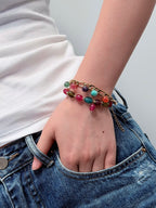 TT original-bracelet-Colorful Tourmaline Bracelet | Rose Red Color-Blocked Elastic Bracelet | Mixed Gemstone Bracelet | Vacation Style | Handmade Style | Brightly Colored Summer Bracelet