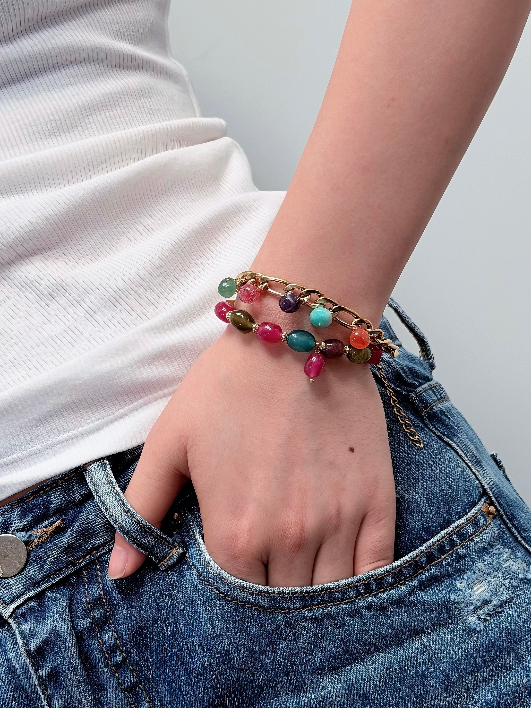 TT original-bracelet-Colorful Tourmaline Bracelet | Rose Red Color-Blocked Elastic Bracelet | Mixed Gemstone Bracelet | Vacation Style | Handmade Style | Brightly Colored Summer Bracelet
