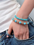 TT original-bracelet-Tiffany Blue Beaded Bracelet, Elastic Design | Turquoise and Blue Gold Color Scheme | Elegant for Everyday Wear | Perfect for Summer Vacations
