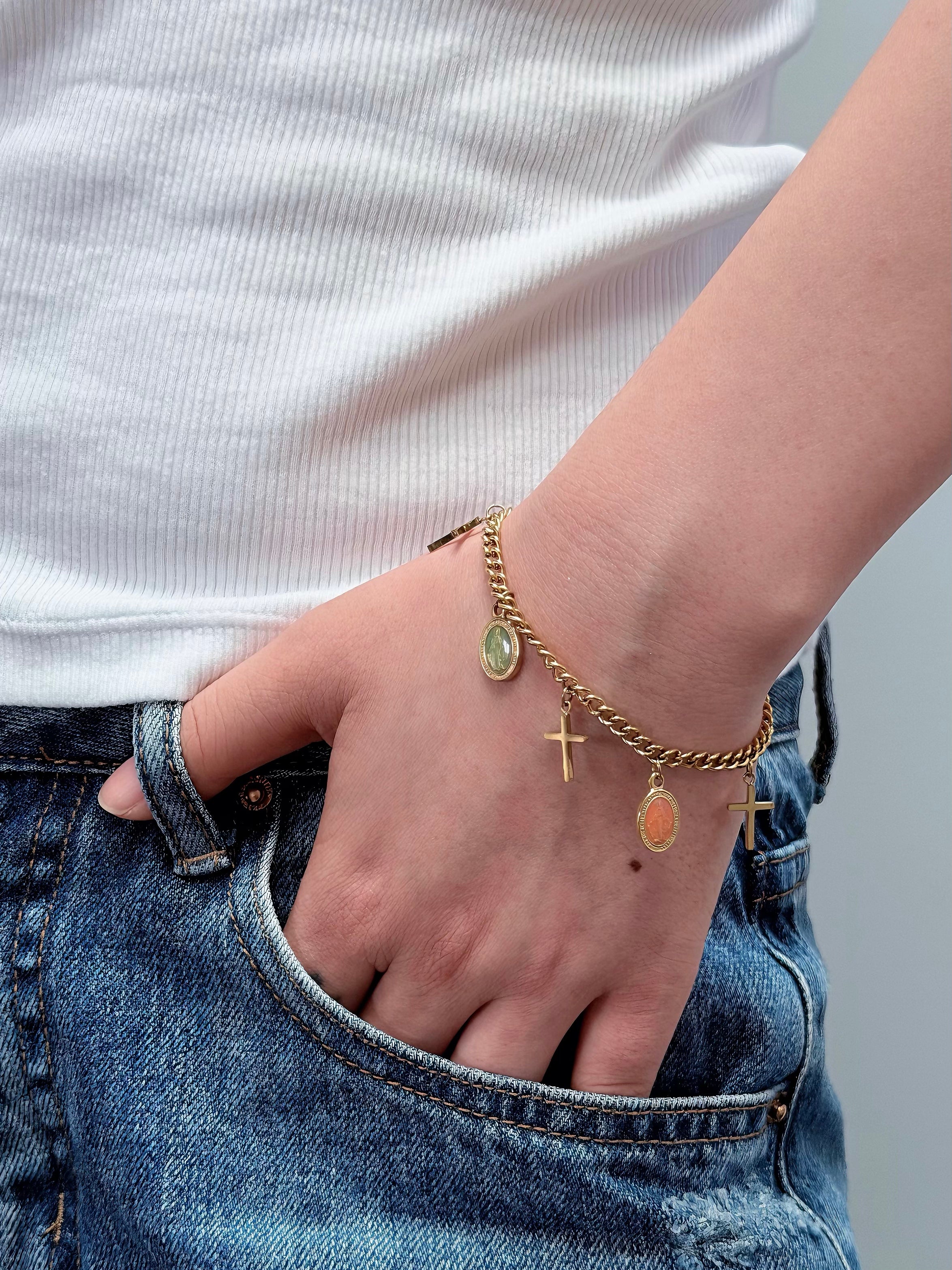 TT original-bracelet-Gold bracelet with Virgin Mary pendant | Vintage religious style | Thick cross chain | Street retro trendy accessory