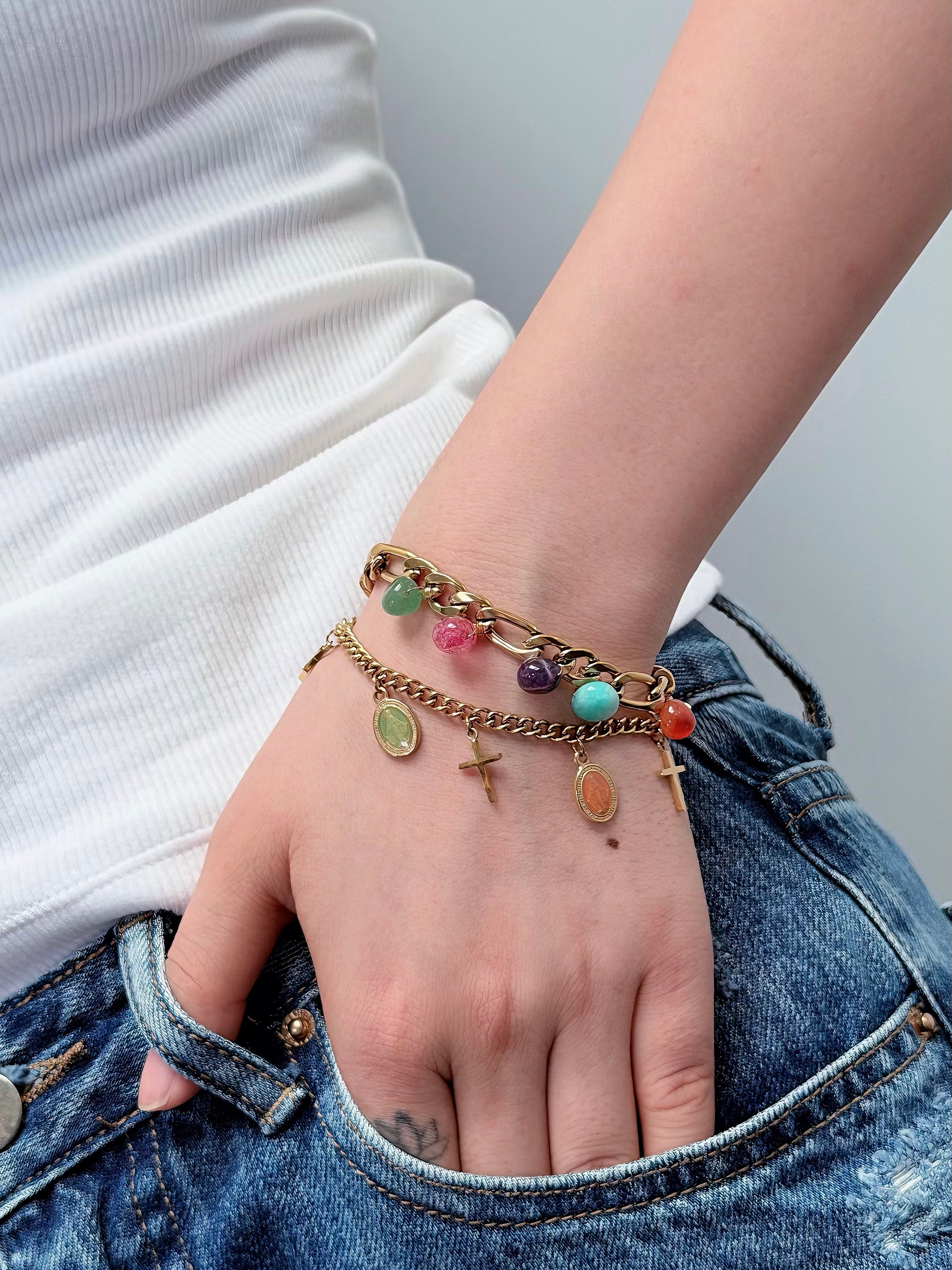 TT original-bracelet-Gold chunky chain with mixed colored gemstones bracelet | Street style | Retro-modern mix | Party/evening | Affordable luxury trendy bracelet