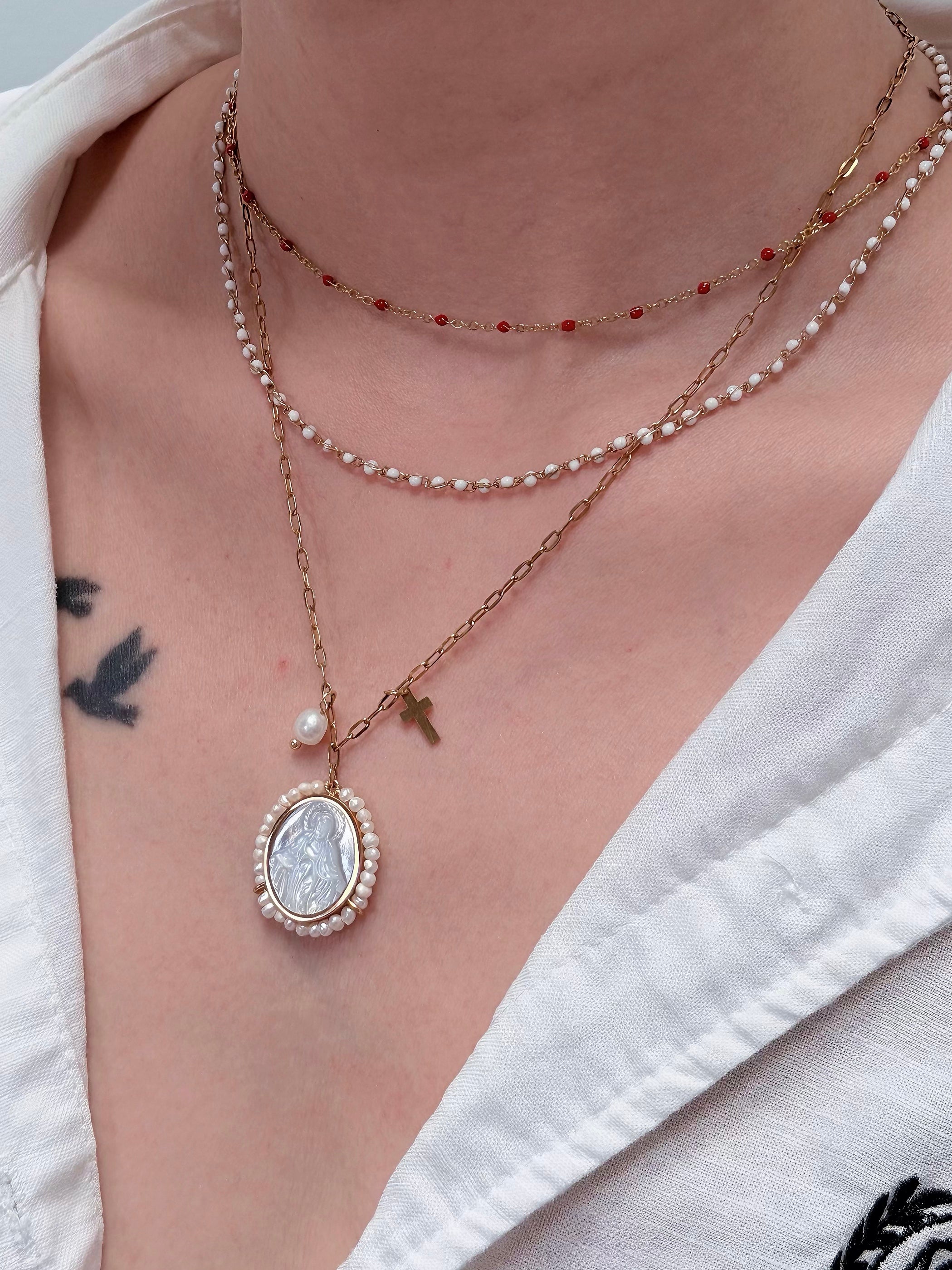 TT original-necklace-Exquisite and minimalist gold chain | White beads | Stacked necklace jewelry gift | Heart-shaped pendant