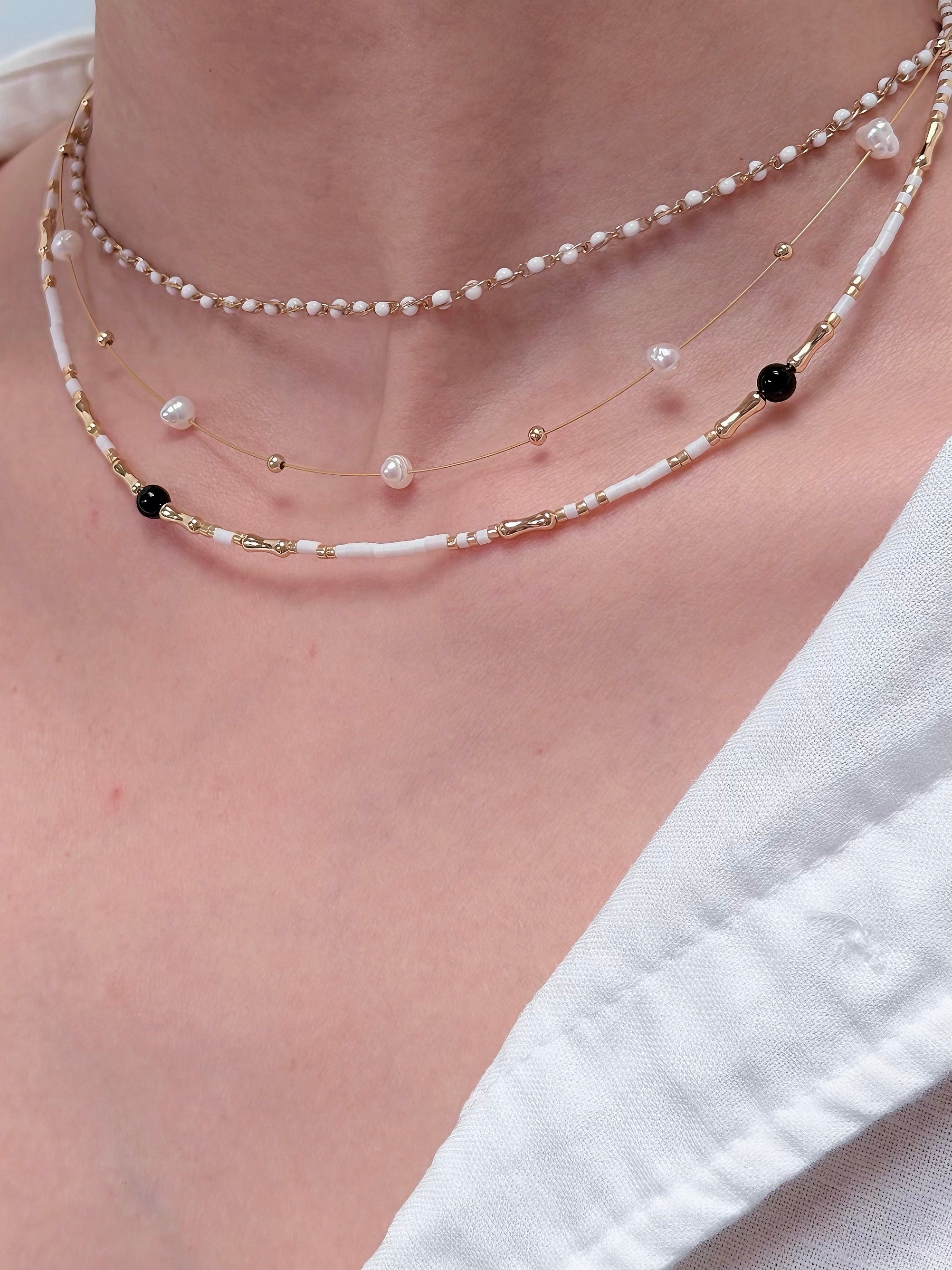 TT original-Bracelet-Handmade Minimal Beaded Necklace for Women | Gold & White Seed Beads Choker | Dainty Adjustable Layering Necklace Jewelry