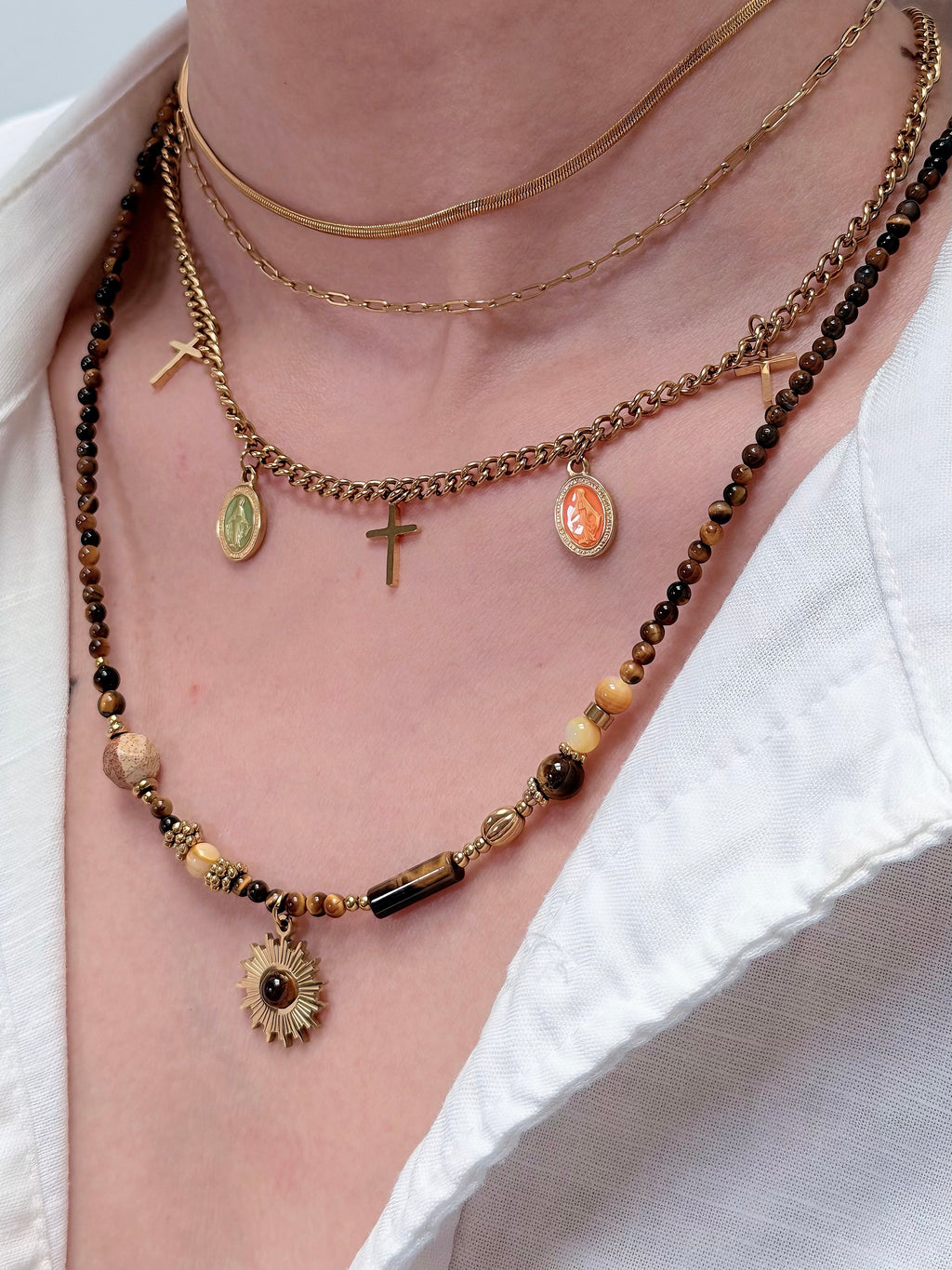 TT original-necklace-Earth-toned natural tiger's eye necklace | Vintage beaded necklace | Energy stone with sun pendant | Handmade natural gemstone Bohemian style