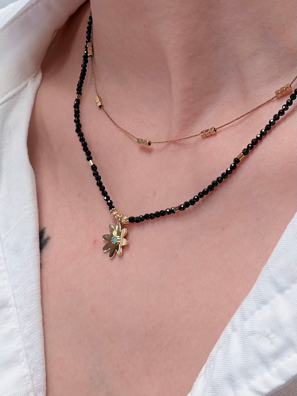 TT original-necklace-Black spinel beaded necklace with gold flowers | Bohemian style choker pendant | Stackable