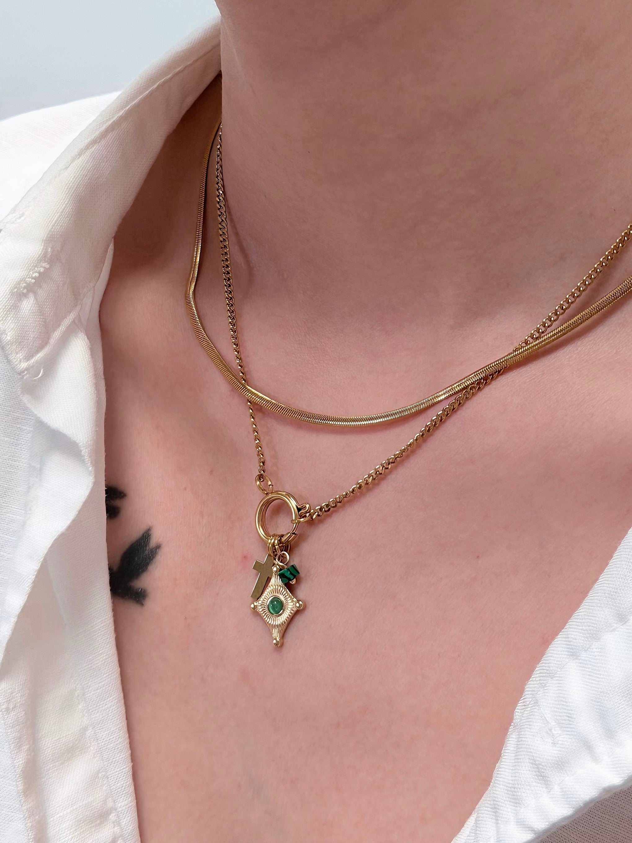 TT original-necklace-Green vintage French necklace | Sunburst cross pendant | Gift of faith | Layered necklaces with an atmospheric feel