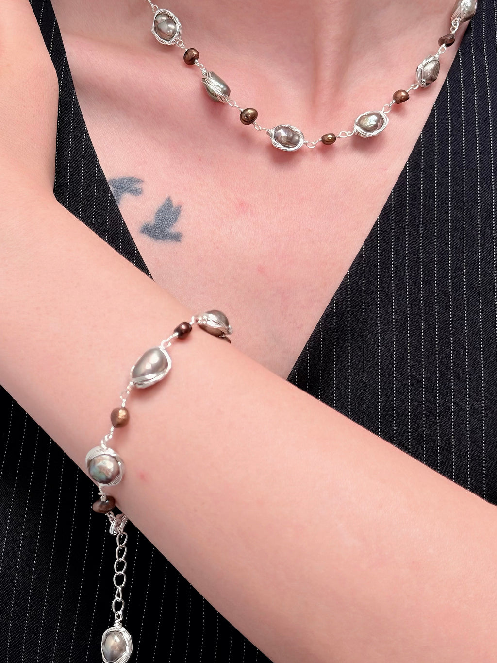 TT original-bracelet-Exquisite irregular pearl necklace and bracelet set | Delicate silver chain jewelry for everyday wear | Anniversary gift