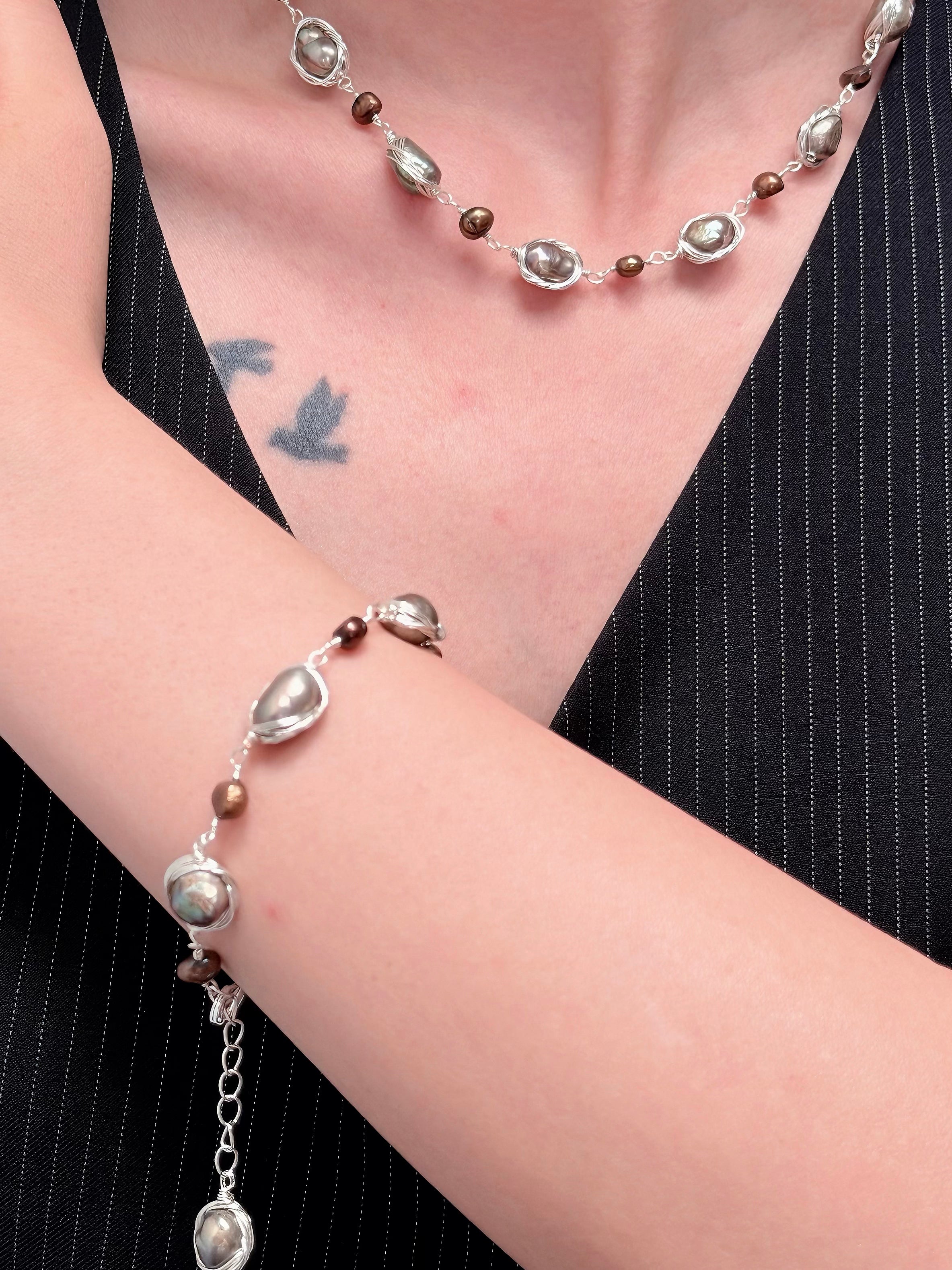 TT original-bracelet-Exquisite irregular pearl necklace and bracelet set | Delicate silver chain jewelry for everyday wear | Anniversary gift