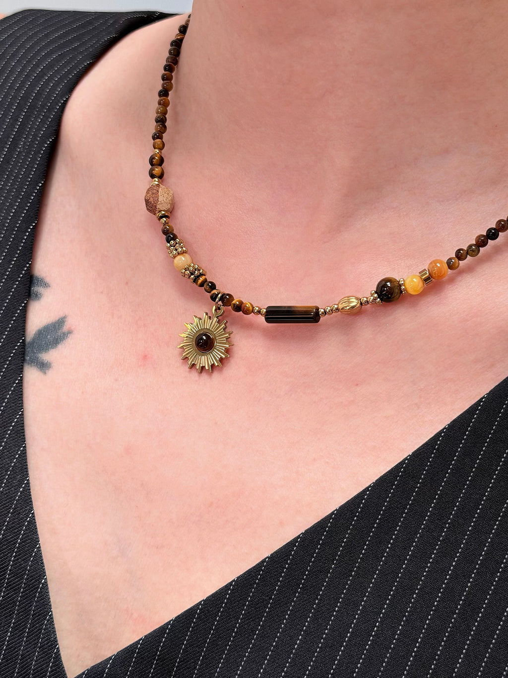 TT original-necklace-Earth-toned natural tiger's eye necklace | Vintage beaded necklace | Energy stone with sun pendant | Handmade natural gemstone Bohemian style