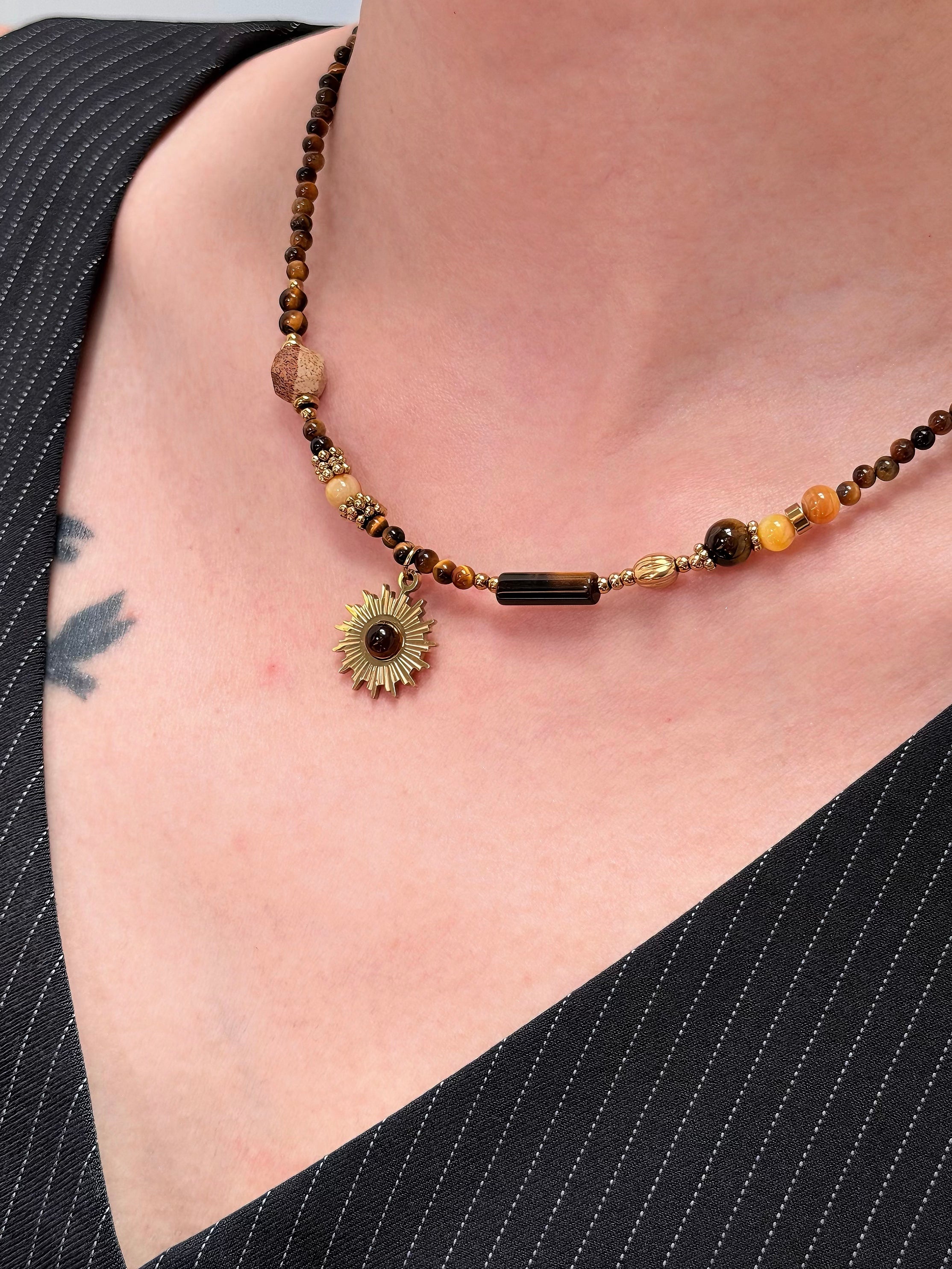 TT original-necklace-Earth-toned natural tiger's eye necklace | Vintage beaded necklace | Energy stone with sun pendant | Handmade natural gemstone Bohemian style
