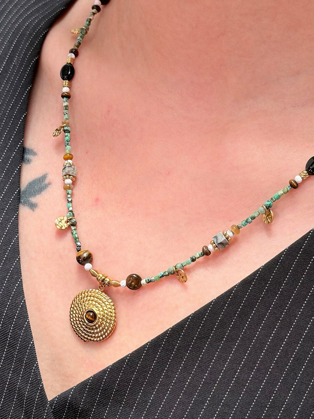 TT original-necklace-Unique tribal style | Bohemian beaded gold pendant necklace | Adjustable turquoise necklace | Handmade style for women
