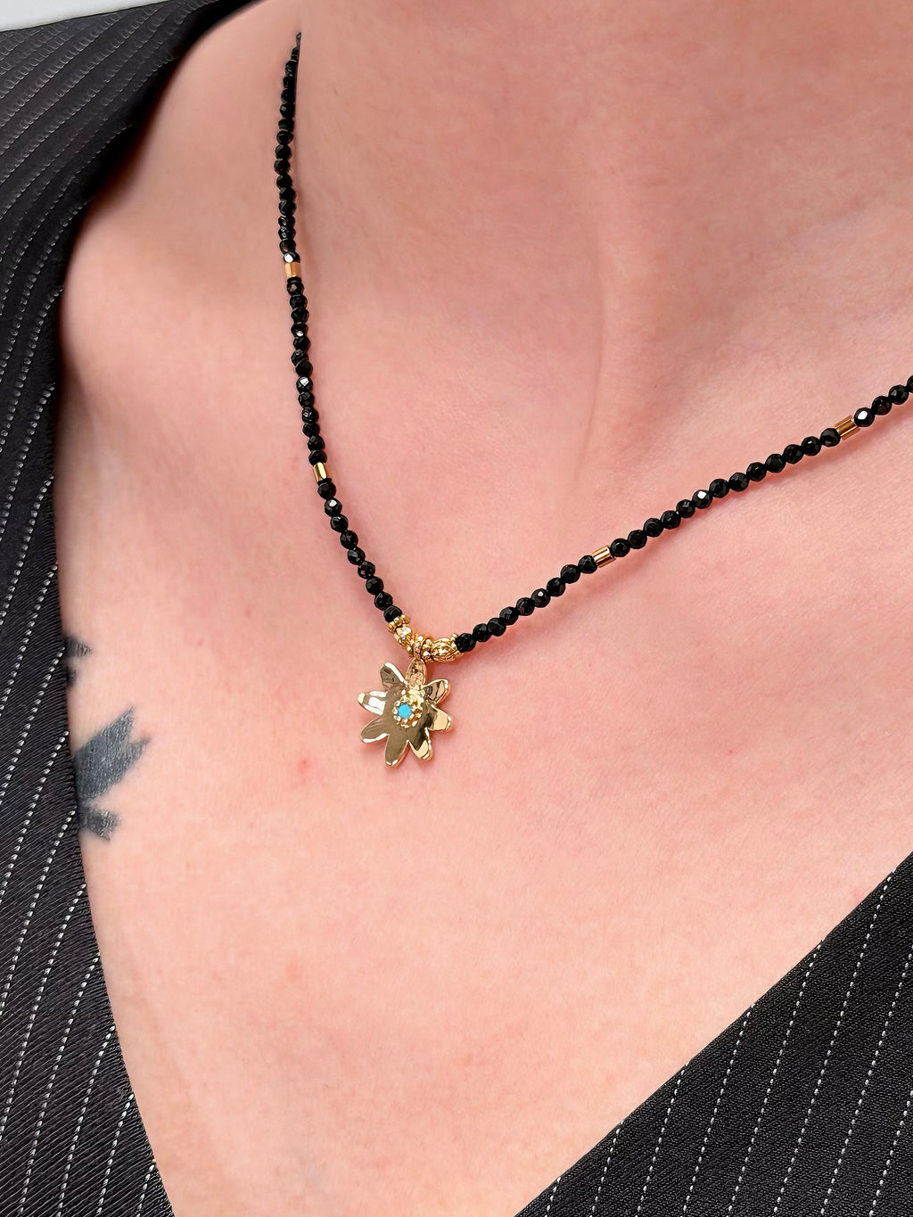 TT original-necklace-Black spinel beaded necklace with gold flowers | Bohemian style choker pendant | Stackable