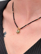 TT original-necklace-Black spinel beaded necklace with gold flowers | Bohemian style choker pendant | Stackable