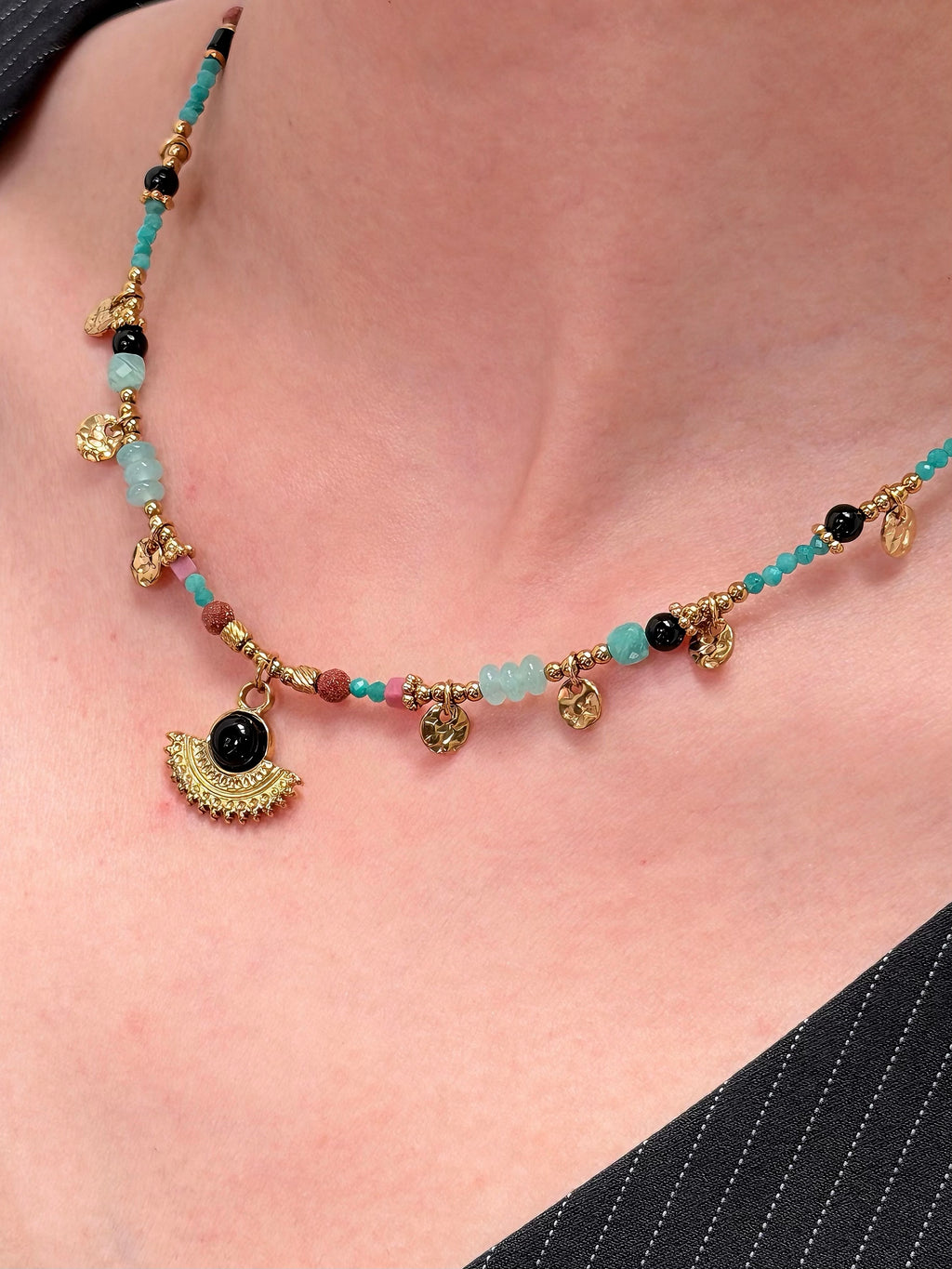 TT original-necklace-Unique and exquisite blue-green beaded necklace | Gold fan-shaped and crescent-shaped pendant | Summer beachwear | Tribal-style necklace