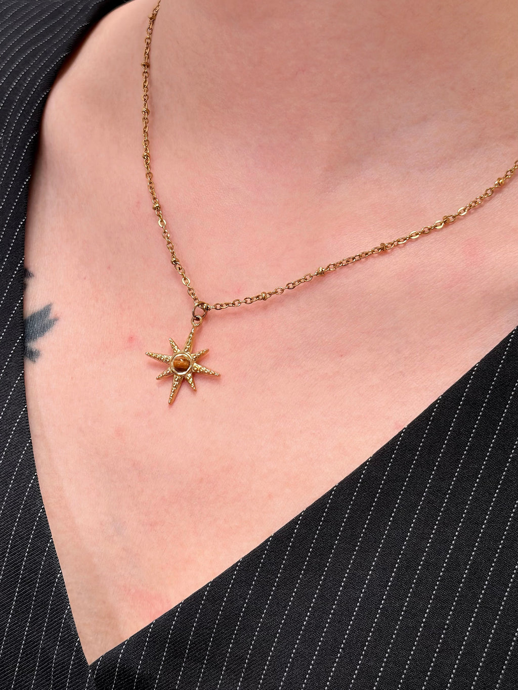TT original-necklace-Golden Sun and Star Necklace | Natural Tiger's Eye Gemstone | Vintage Bohemian Astrological Spiritual Jewelry Gift | Stacked Jewelry