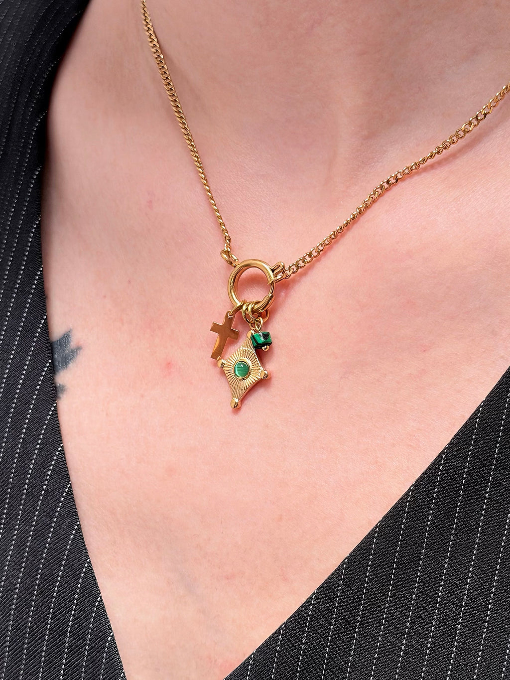 TT original-necklace-Green vintage French necklace | Sunburst cross pendant | Gift of faith | Layered necklaces with an atmospheric feel