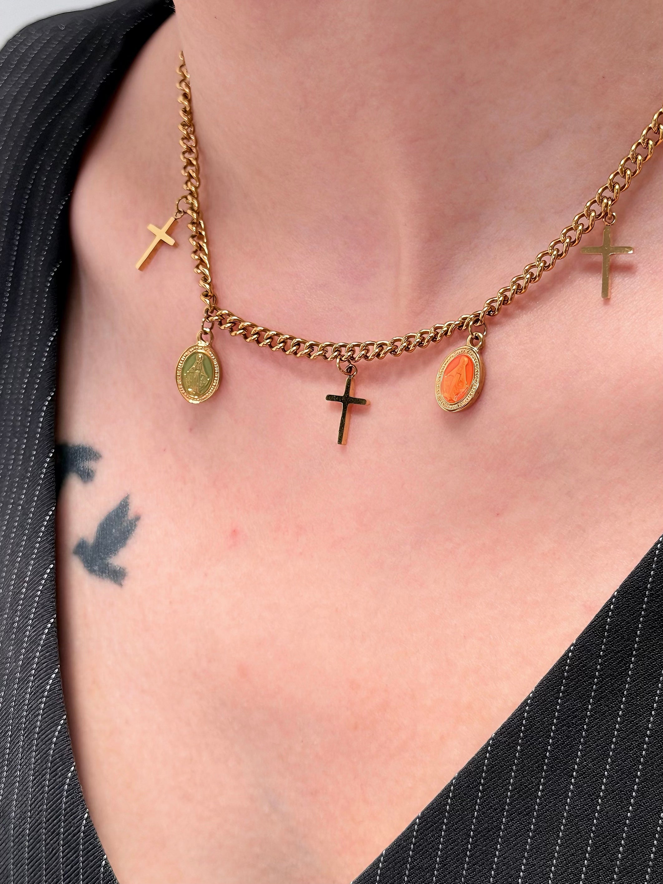 TT original-necklace-Vintage Cross Icon Necklace | Religious Element Gift | Flat, Thick Chain Short Necklace | Retro Trendy Clavicle Necklace