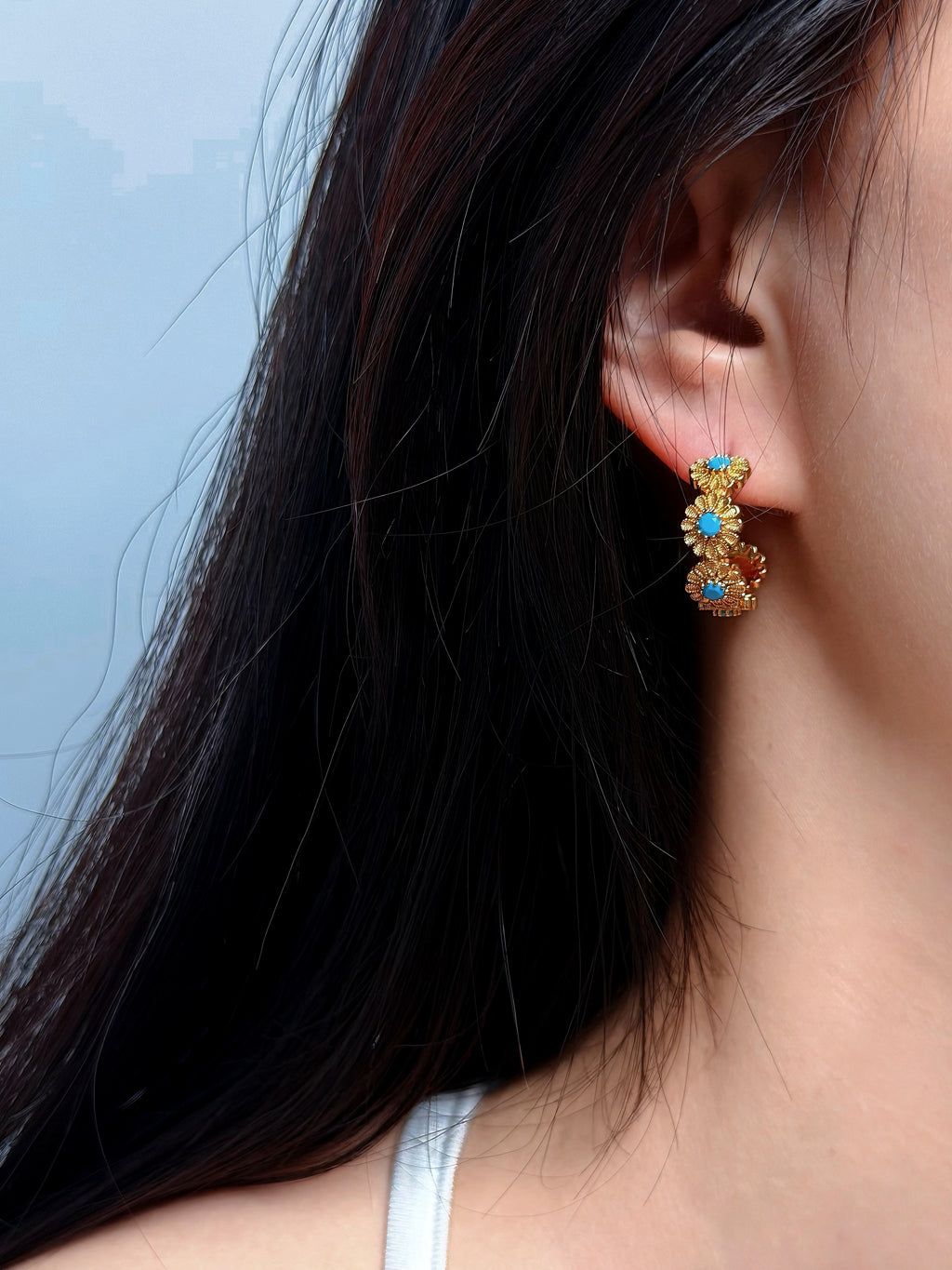 TT original-earring-Gold Half-Hoop Earrings | Southwest Style Jewelry | Natural Turquoise | Summer Beach Accessories