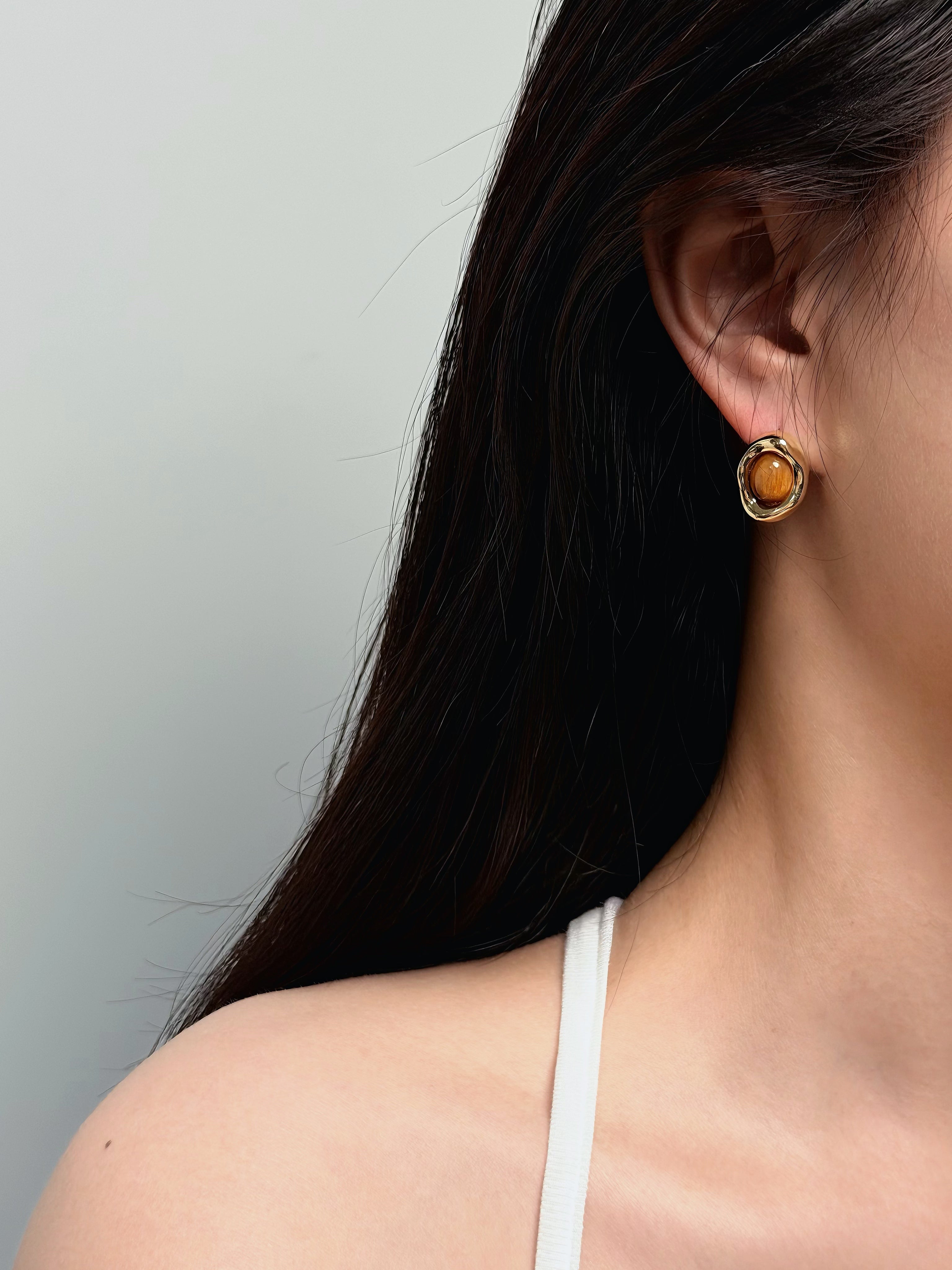 TT original-earring-Vintage Tiger Eye Stud Earrings | French Vintage Earrings | Handmade Minimalist Natural Gemstone Earrings (Women's)