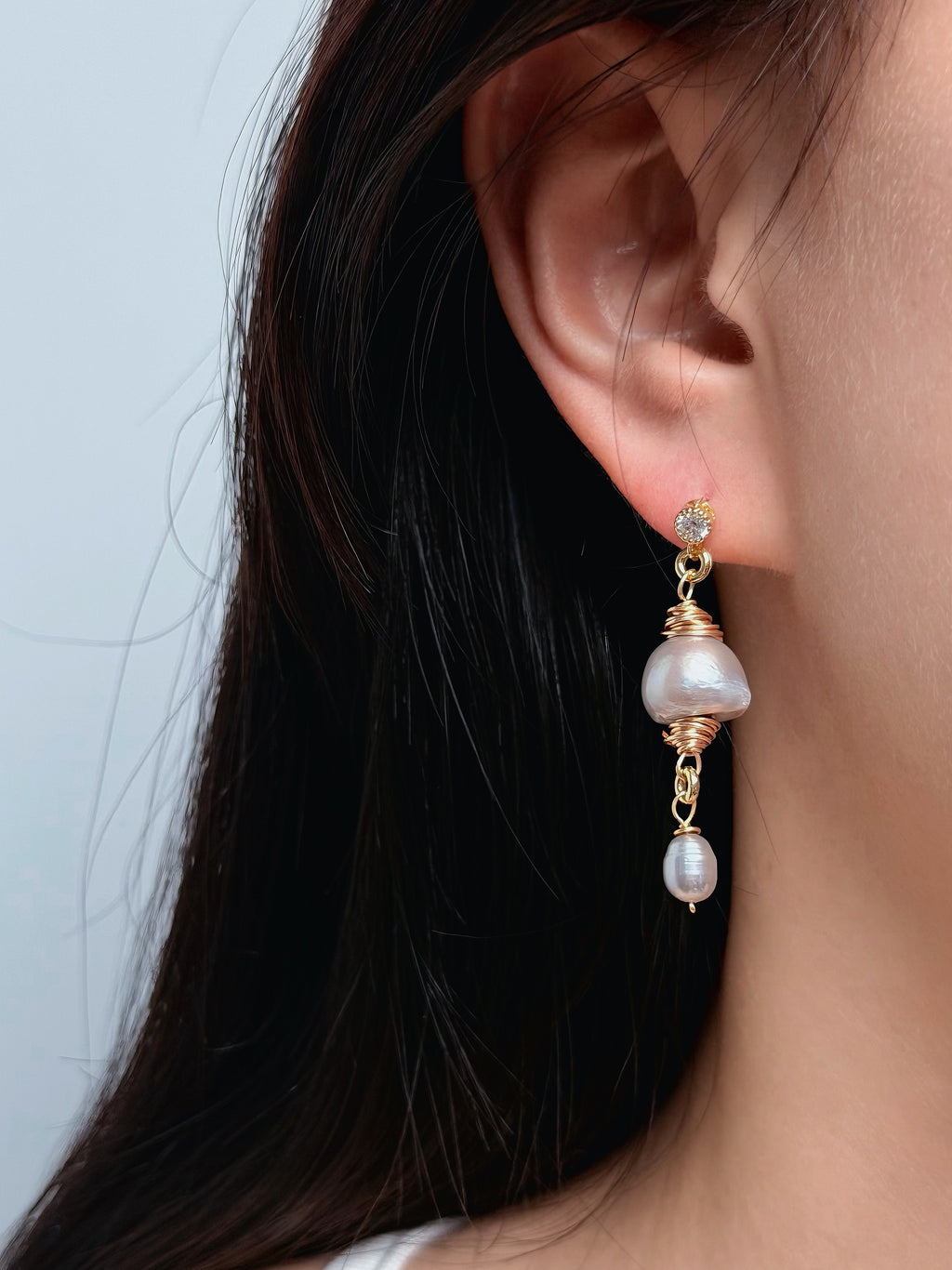 TT original-earring-Baroque Pearl and Gold Thread Earrings | Irregular Pearls + Micro Diamonds - Elegant Drape
