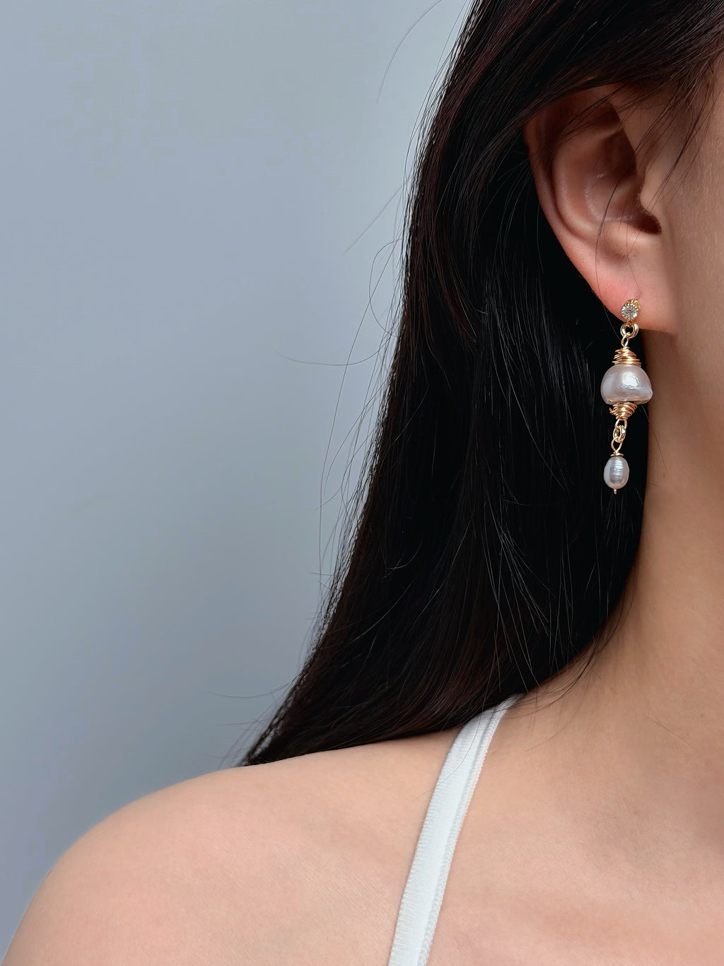 TT original-earring-Baroque Pearl and Gold Thread Earrings | Irregular Pearls + Micro Diamonds - Elegant Drape