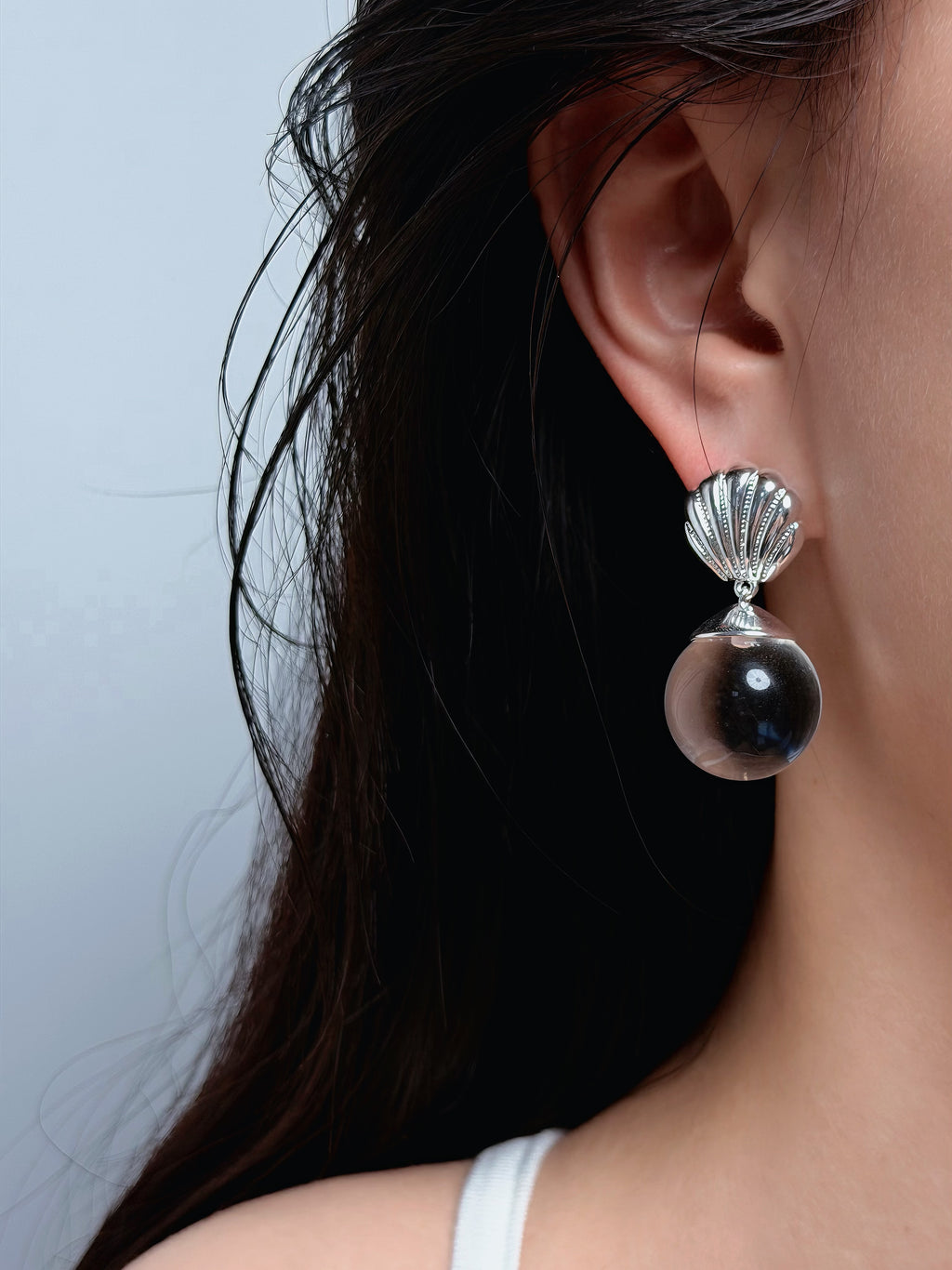 TT original-earring2-Silver fan-shaped seashell earrings | Art Deco style | Beach wedding jewelry | Natural white crystal