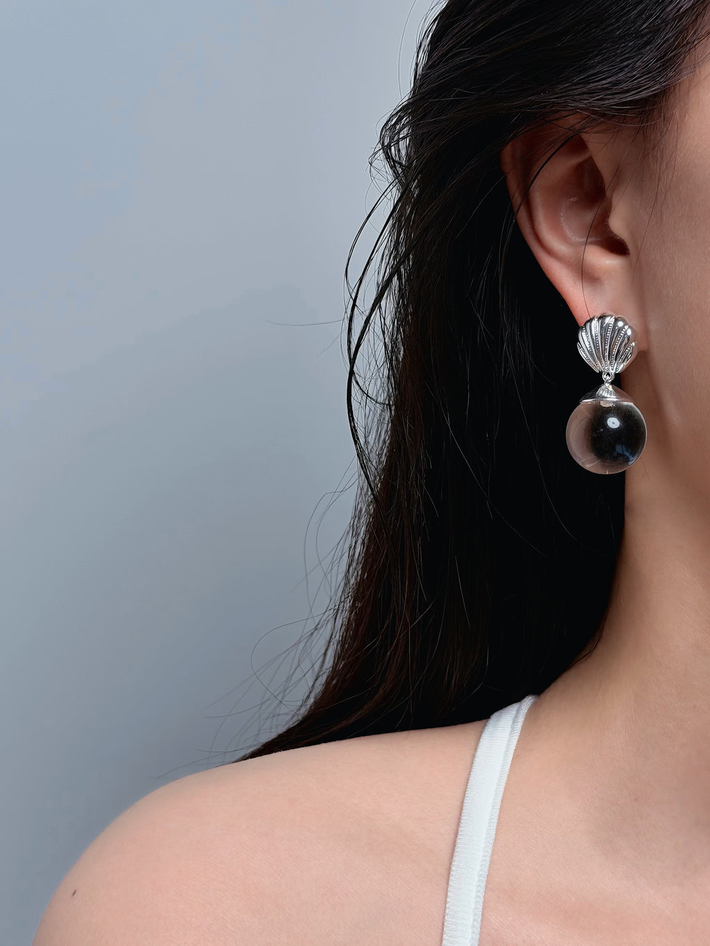 TT original-earring2-Silver fan-shaped seashell earrings | Art Deco style | Beach wedding jewelry | Natural white crystal