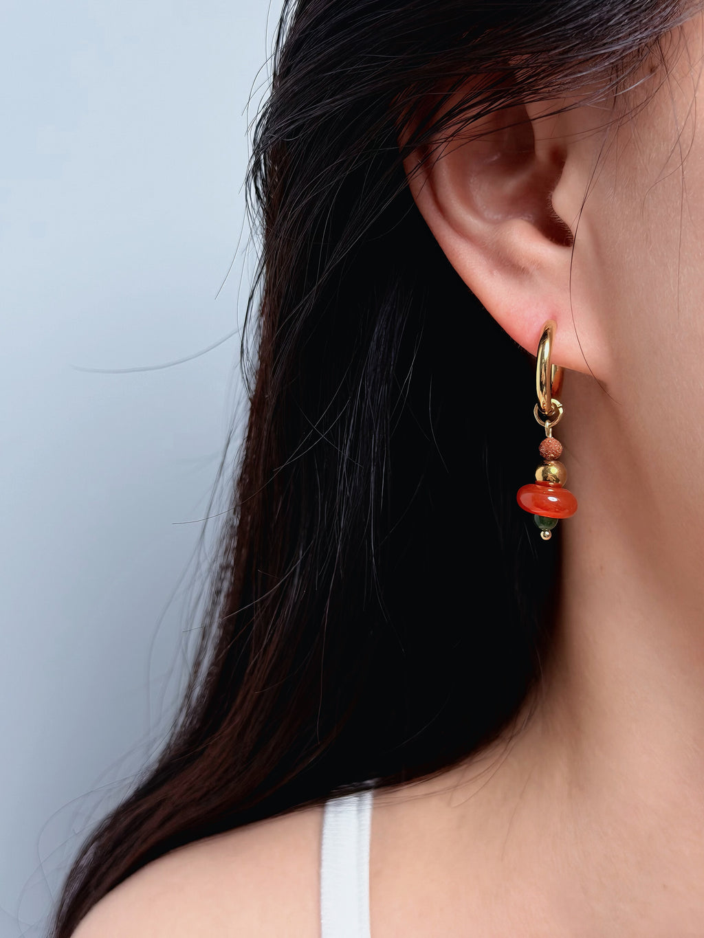 TT original-earring-Vintage Red Agate and Green Jade Earrings | Handmade Gold Sandstone Beaded Earrings | Bohemian Style Natural Stone Pendant Earrings