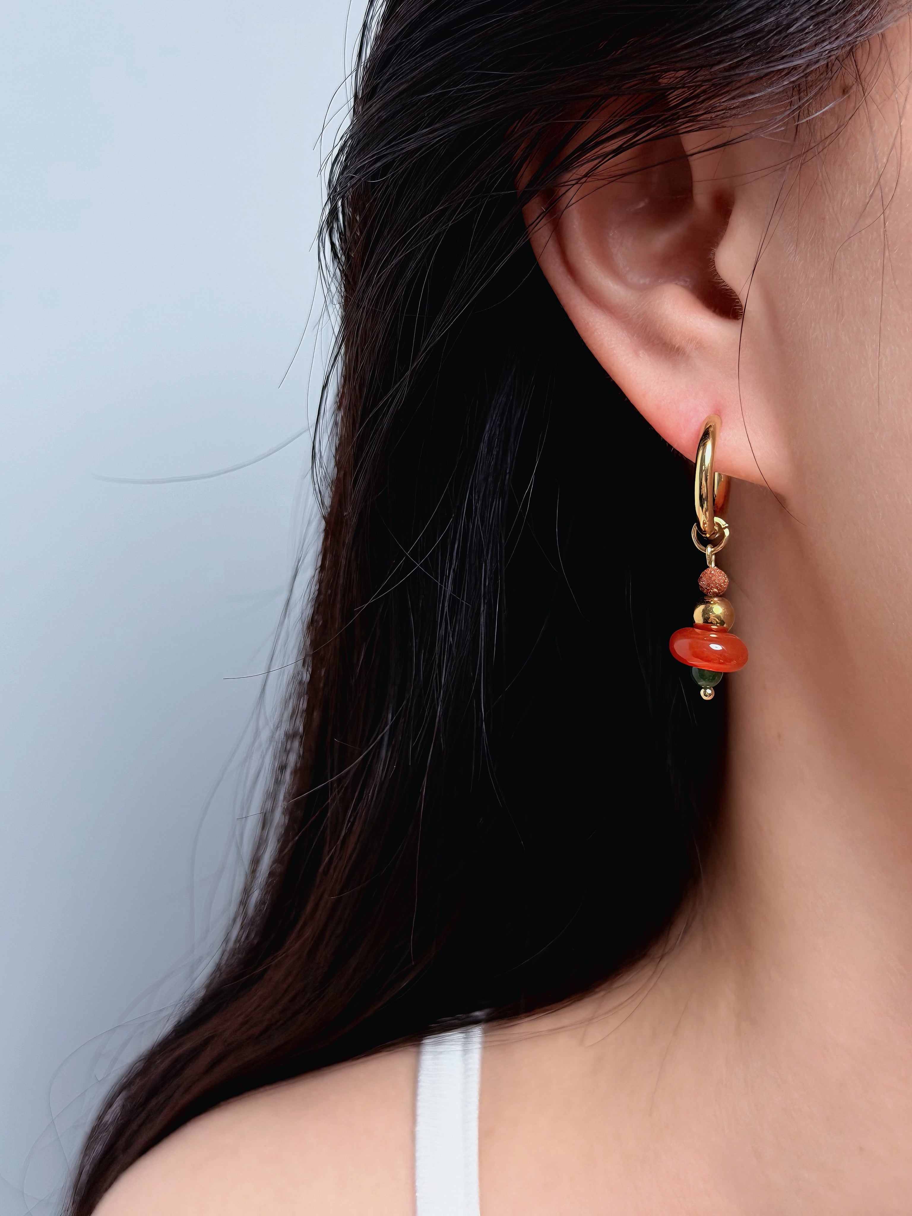 TT original-earring-Vintage Red Agate and Green Jade Earrings | Handmade Gold Sandstone Beaded Earrings | Bohemian Style Natural Stone Pendant Earrings