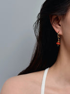 TT original-earring-Vintage Red Agate and Green Jade Earrings | Handmade Gold Sandstone Beaded Earrings | Bohemian Style Natural Stone Pendant Earrings