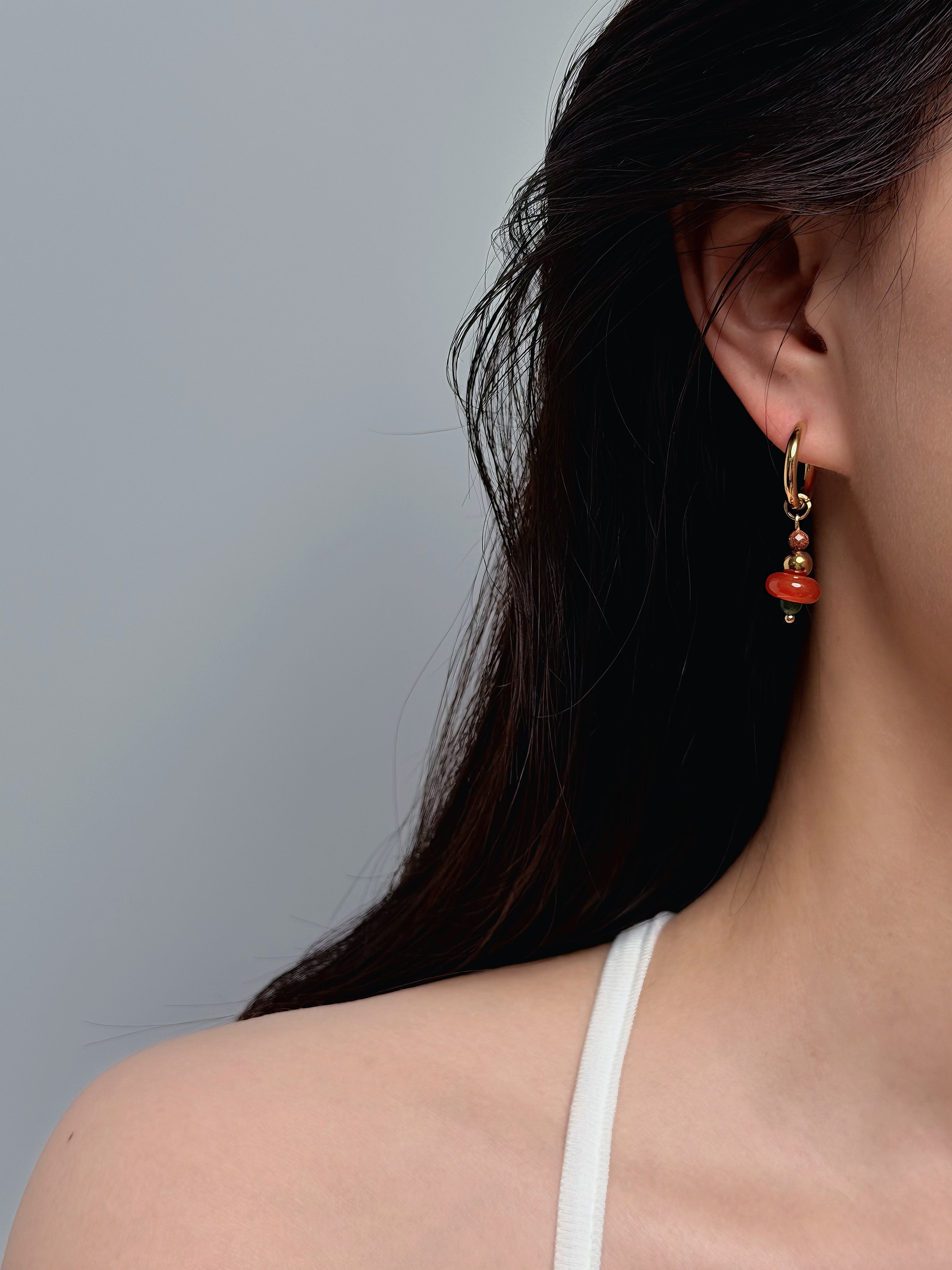 TT original-earring-Vintage Red Agate and Green Jade Earrings | Handmade Gold Sandstone Beaded Earrings | Bohemian Style Natural Stone Pendant Earrings