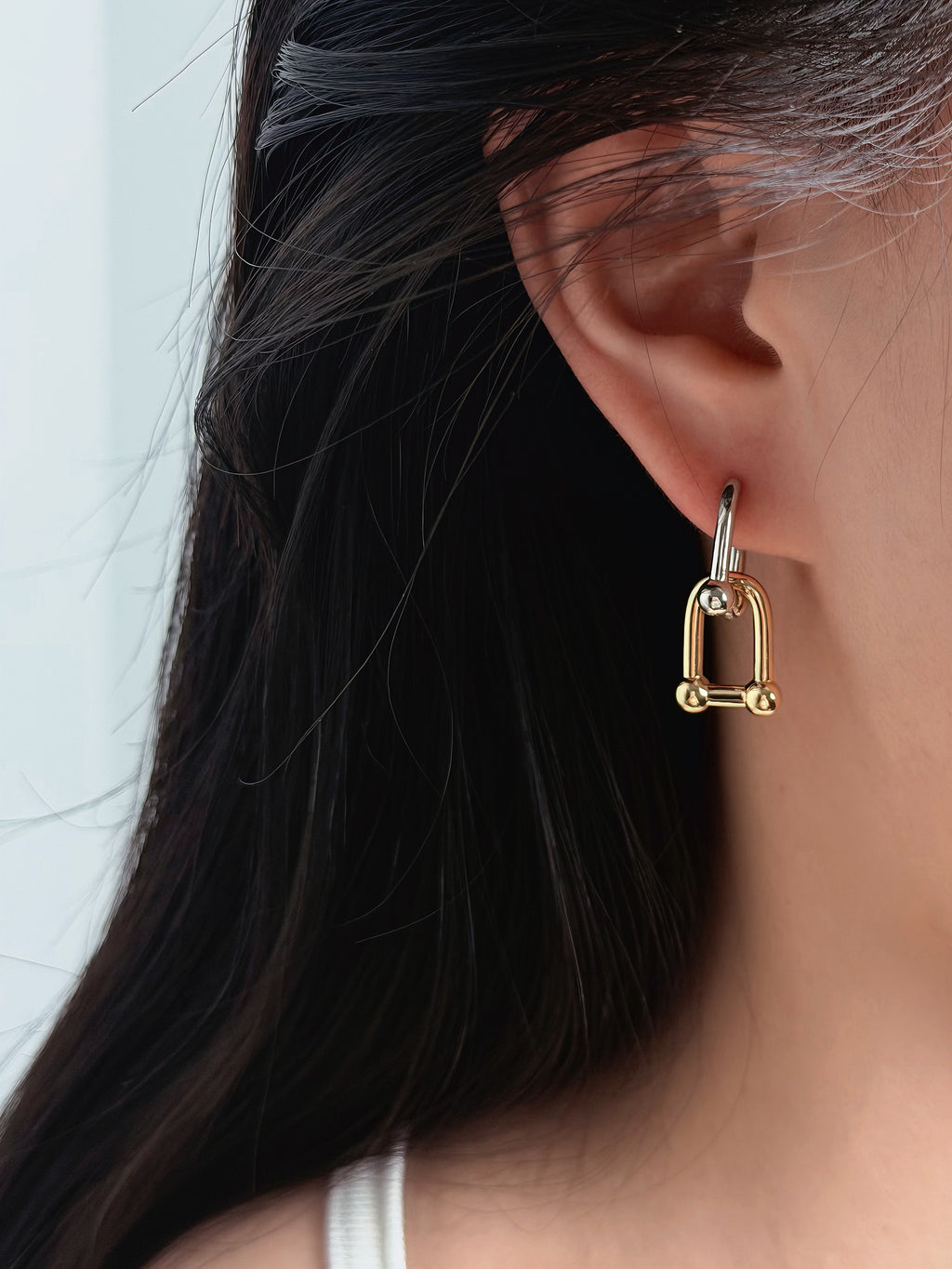 TT original-earring-Gold clasp earrings | Lock-shaped earrings | Industrial minimalist jewelry | Unisex | Two-tone gold and silver