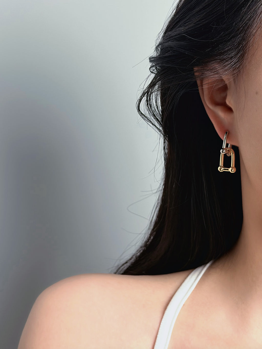 TT original-earring-Gold clasp earrings | Lock-shaped earrings | Industrial minimalist jewelry | Unisex | Two-tone gold and silver