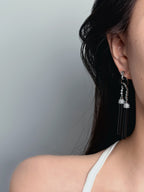 TT original-earring-Black and silver color-blocked long tassel earrings | Chain-studded diamond earrings | Suitable for evening photoshoots | Hypoallergenic 925 silver needles