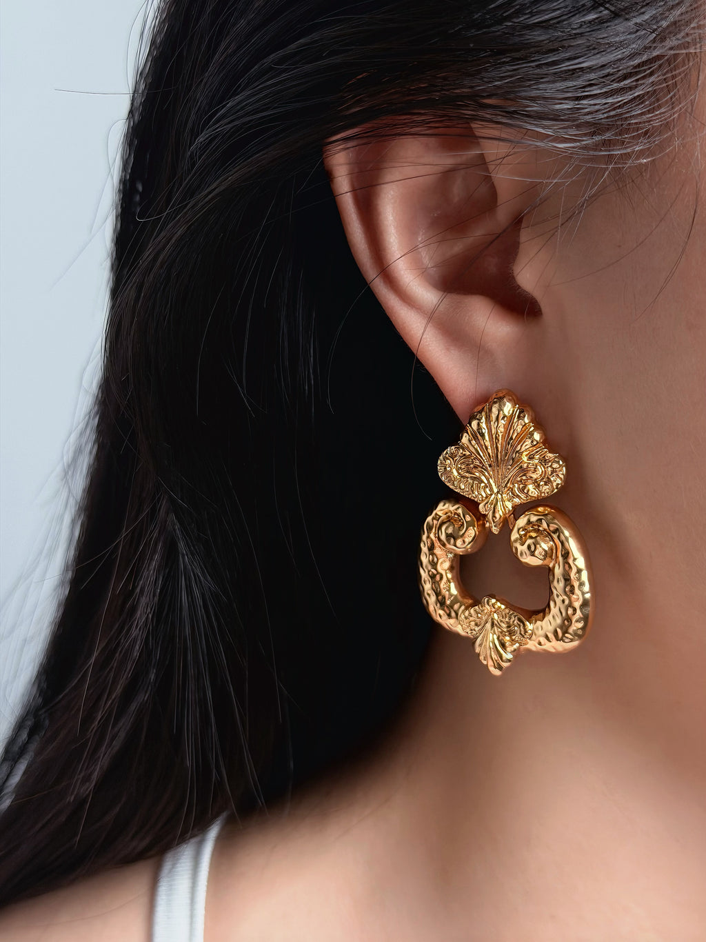 TT original-earring-Vintage French Baroque Gold Earrings | Court Style | Dress Matching | Date/Evening Gowns | Gold Leaf Pattern Earrings