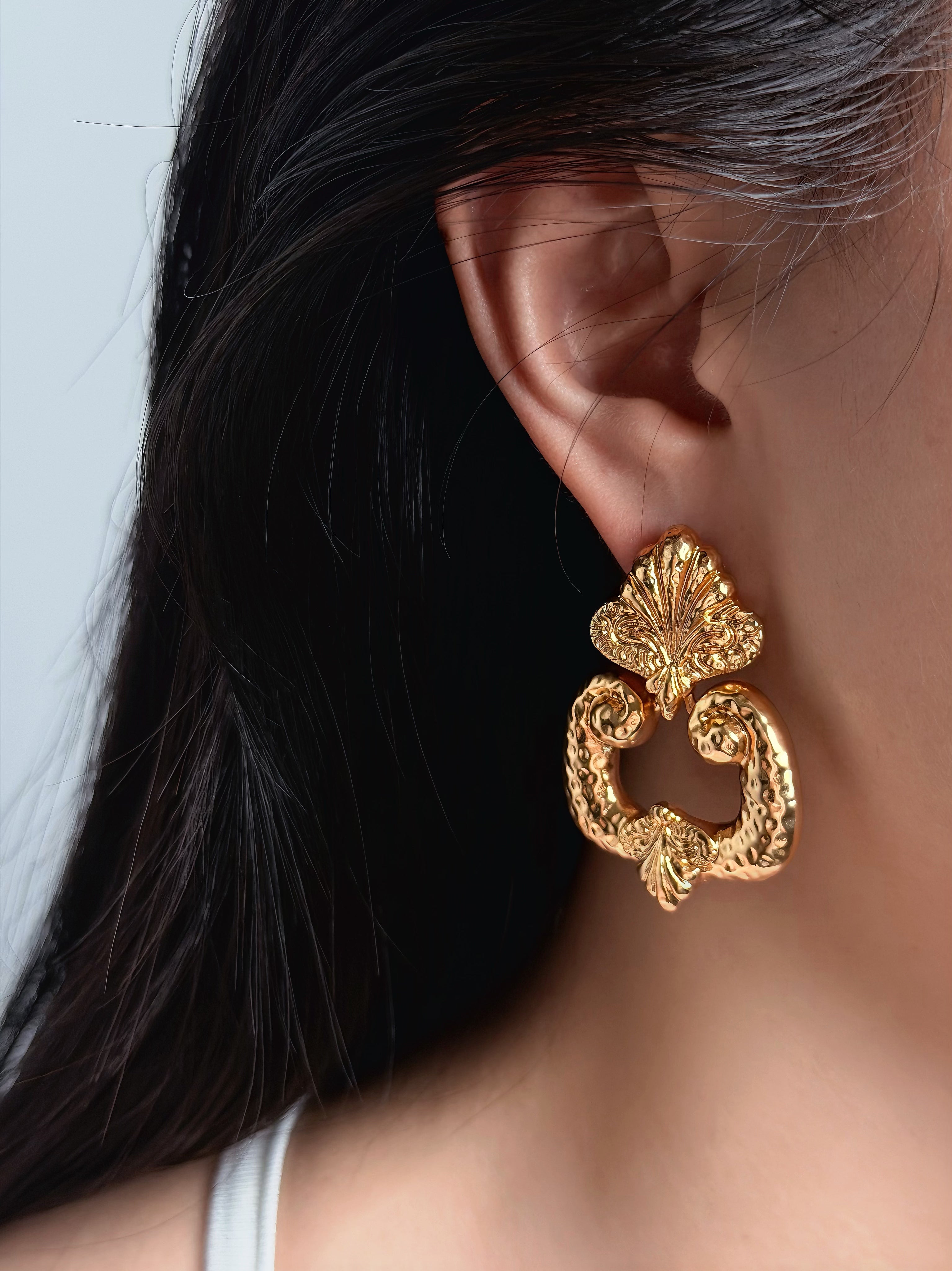 TT original-earring-Vintage French Baroque Gold Earrings | Court Style | Dress Matching | Date/Evening Gowns | Gold Leaf Pattern Earrings