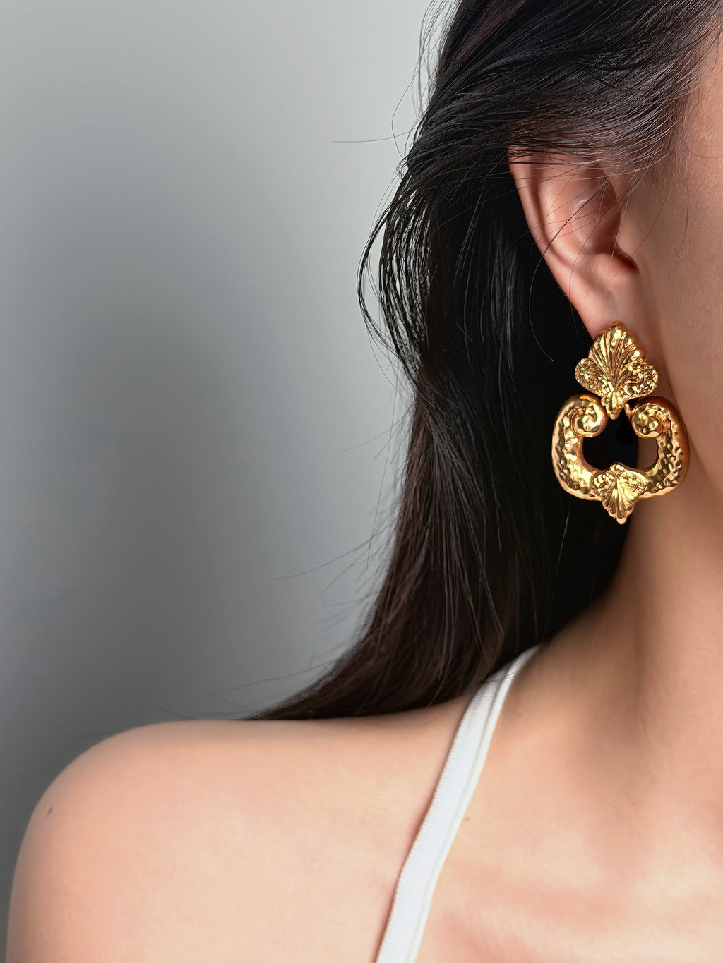 TT original-earring-Vintage French Baroque Gold Earrings | Court Style | Dress Matching | Date/Evening Gowns | Gold Leaf Pattern Earrings