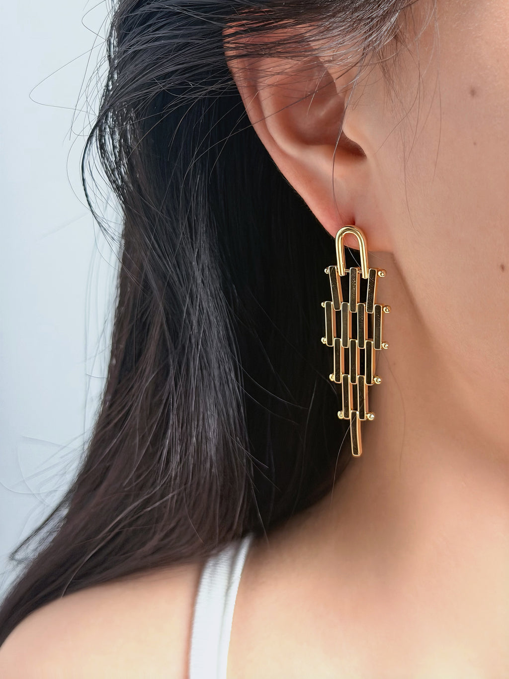 TT original-earring-Women's Gold Geometric Pendant Earrings | Long Architectural Style Earrings | Modern Minimalist Unique Jewelry