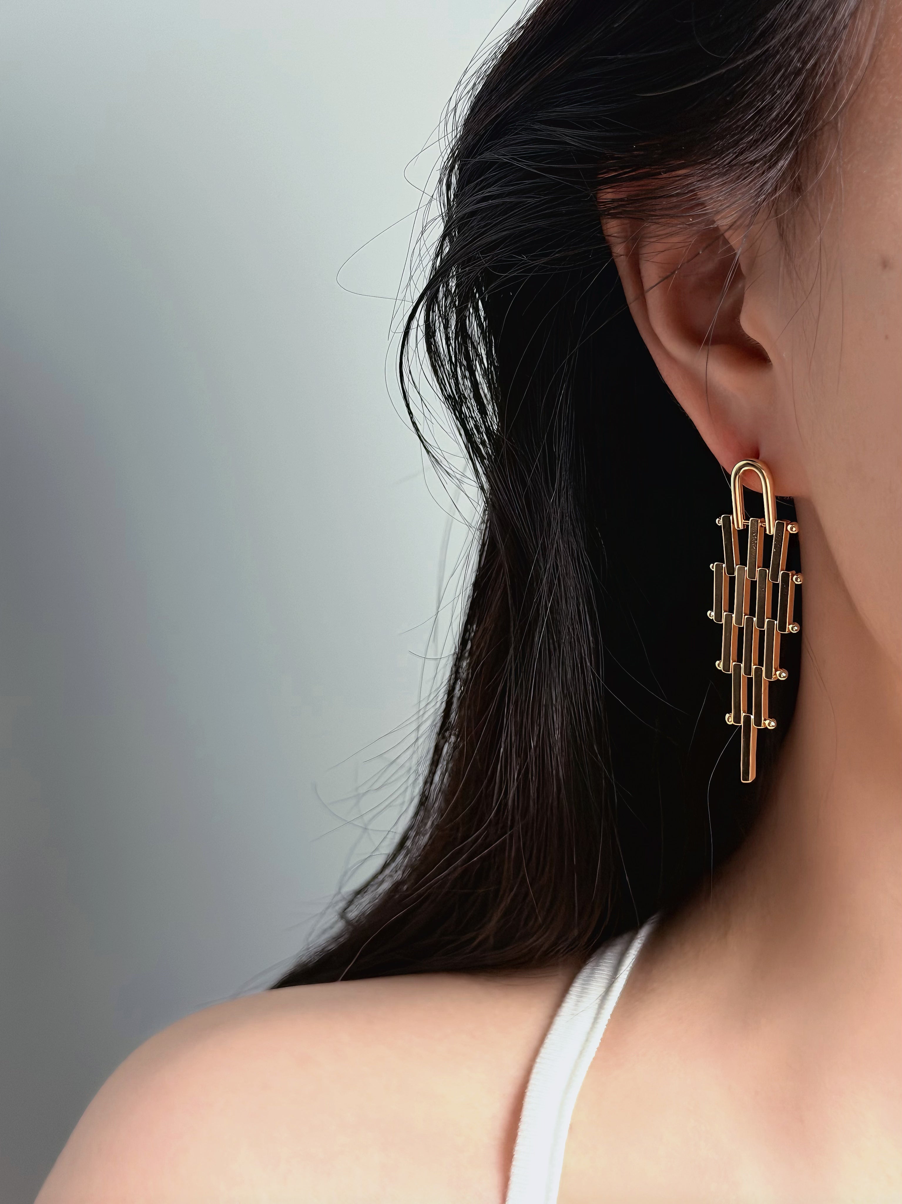 TT original-earring-Women's Gold Geometric Pendant Earrings | Long Architectural Style Earrings | Modern Minimalist Unique Jewelry