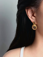 TT original-earring-French vintage gold rope-patterned cat-eye earrings | High-end | Vintage earrings | Gray cat-eye stud earrings | French court style niche design