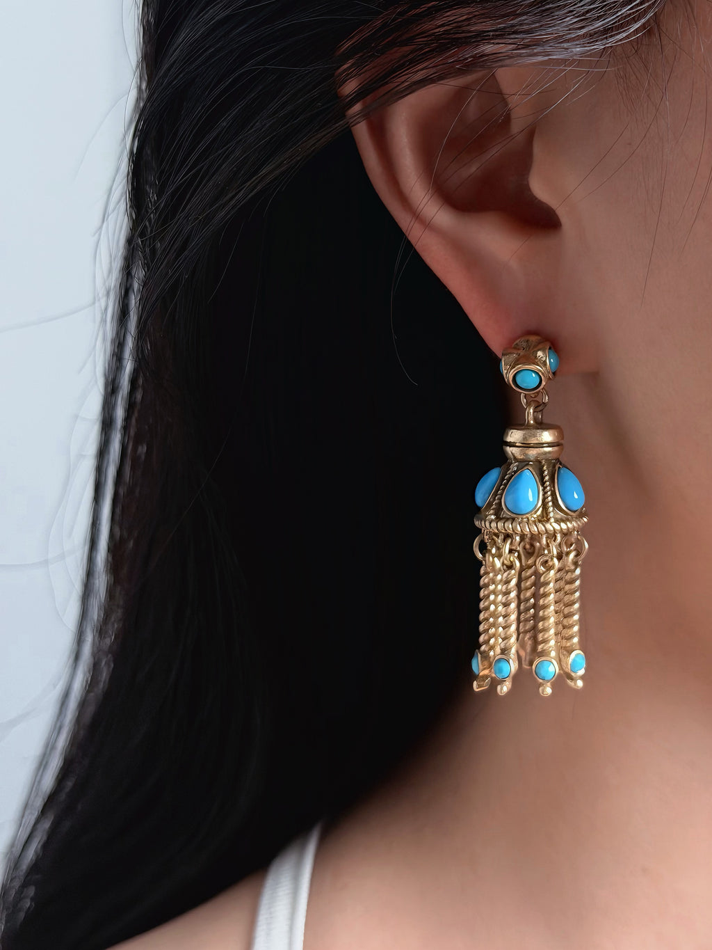 TT original-earring-Bohemian long ethnic style earrings | Vintage gold stud earrings | Blue gemstone-like long earrings | Gold dome tassel earrings