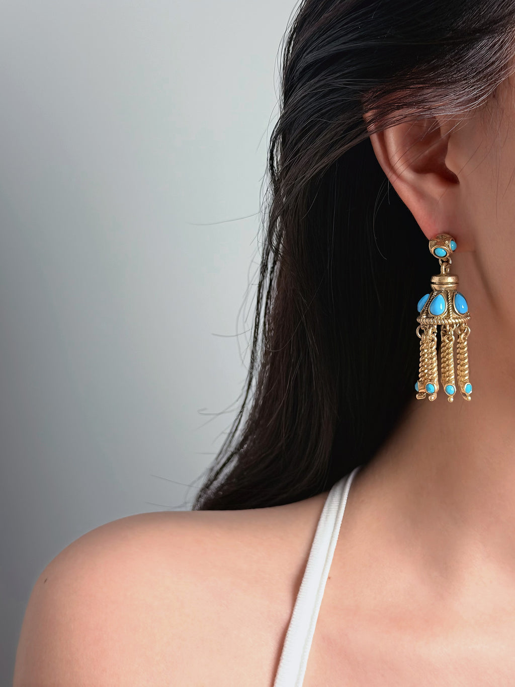TT original-earring-Bohemian long ethnic style earrings | Vintage gold stud earrings | Blue gemstone-like long earrings | Gold dome tassel earrings