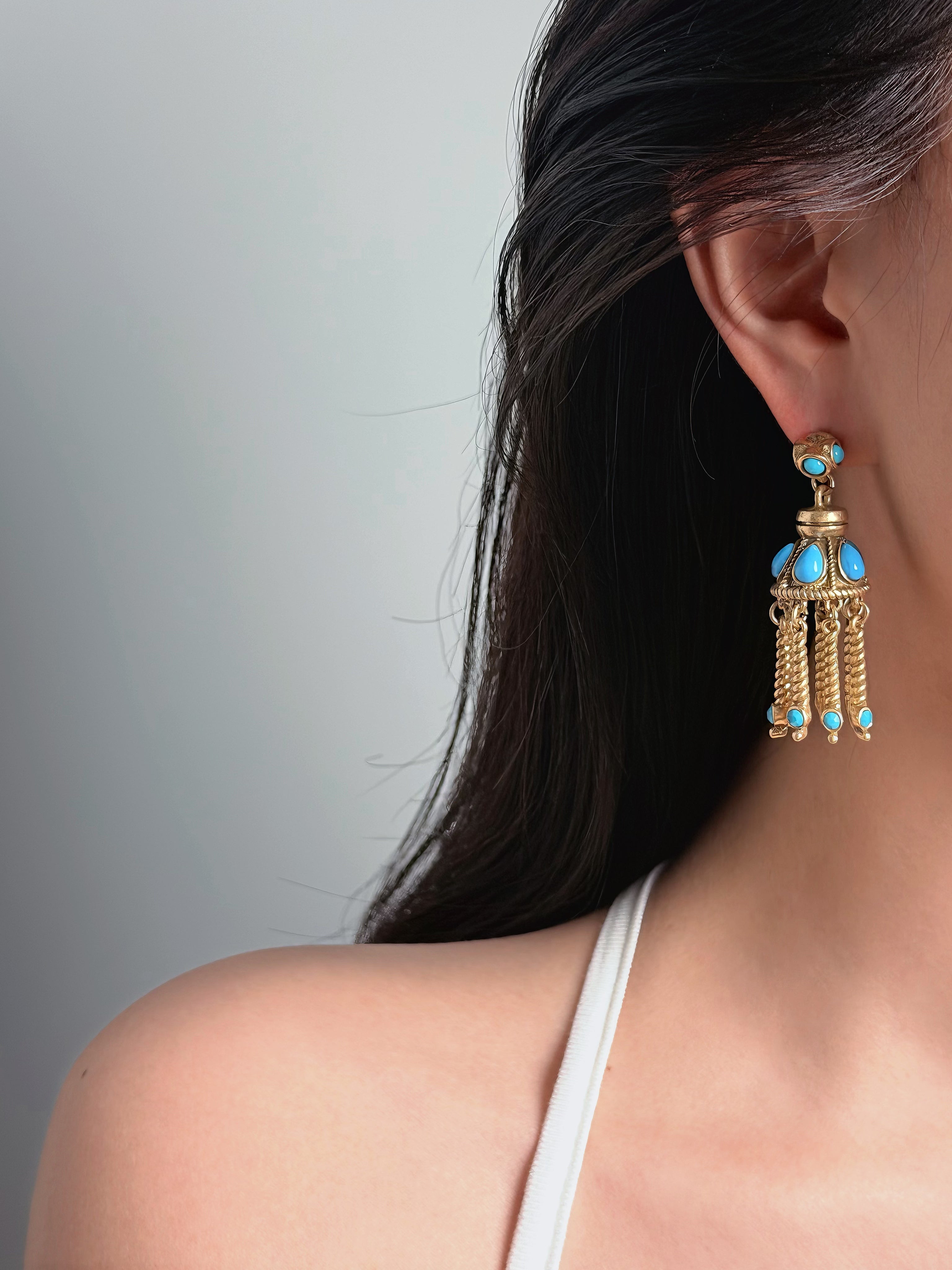 TT original-earring-Bohemian long ethnic style earrings | Vintage gold stud earrings | Blue gemstone-like long earrings | Gold dome tassel earrings