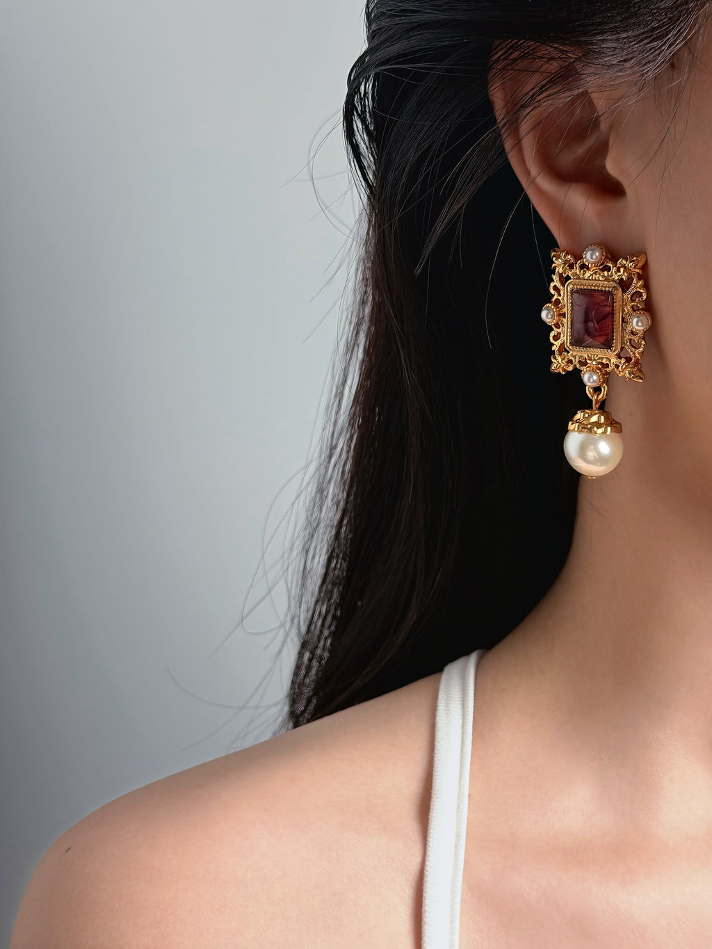 TT original-earring-Vintage gold carved earrings | Baroque faux pearl earrings | Niche court style | Wedding evening gown earrings