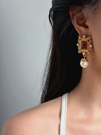 TT original-earring-Vintage gold carved earrings | Baroque faux pearl earrings | Niche court style | Wedding evening gown earrings