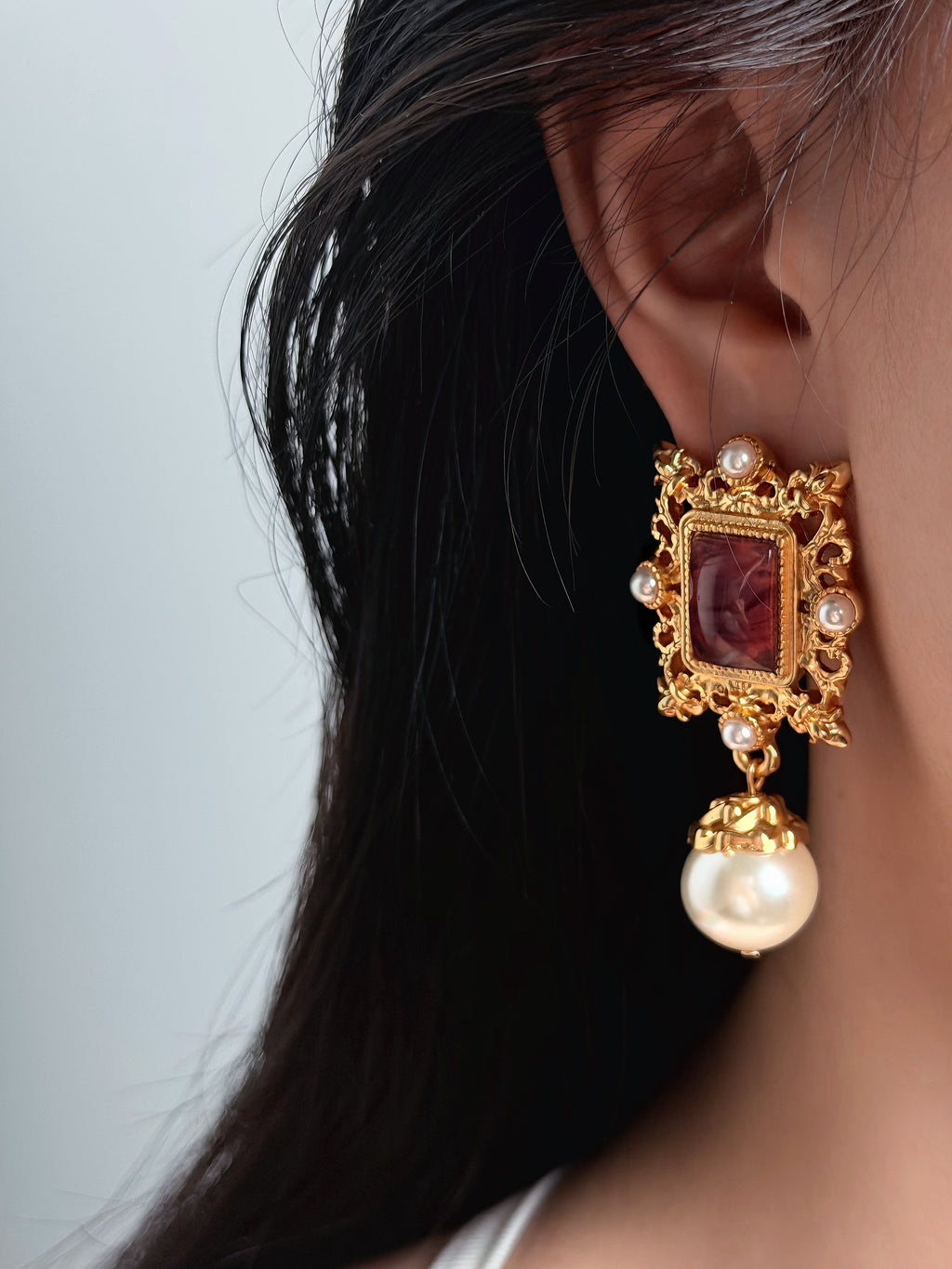 TT original-earring-Vintage gold carved earrings | Baroque faux pearl earrings | Niche court style | Wedding evening gown earrings