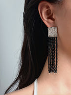 TT original-earring-Black agate beaded tassel earrings | Silver statement dangling earrings | Geometric square earrings | Evening jewelry