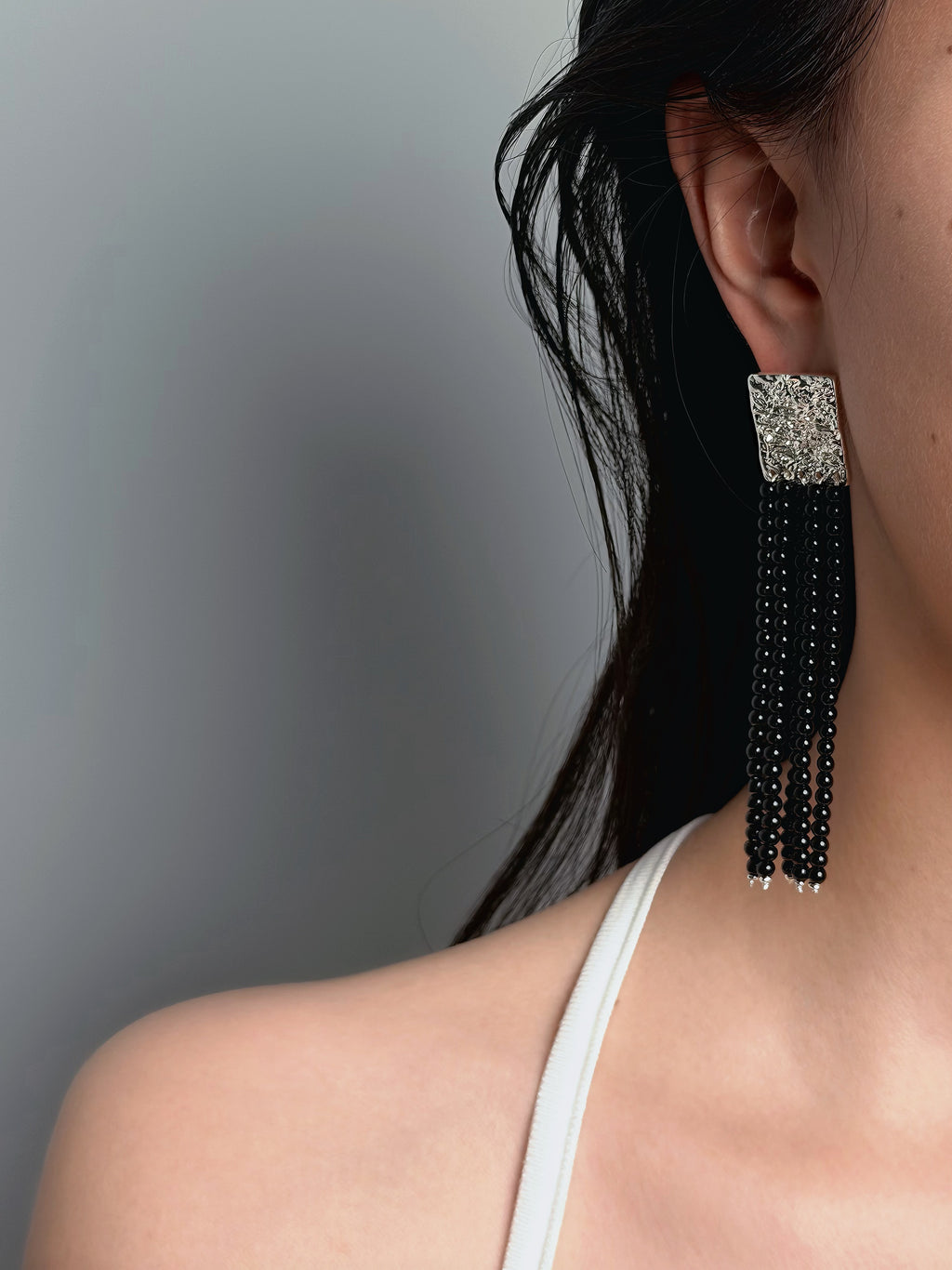 TT original-earring-Black agate beaded tassel earrings | Silver statement dangling earrings | Geometric square earrings | Evening jewelry