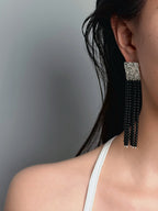 TT original-earring-Black agate beaded tassel earrings | Silver statement dangling earrings | Geometric square earrings | Evening jewelry